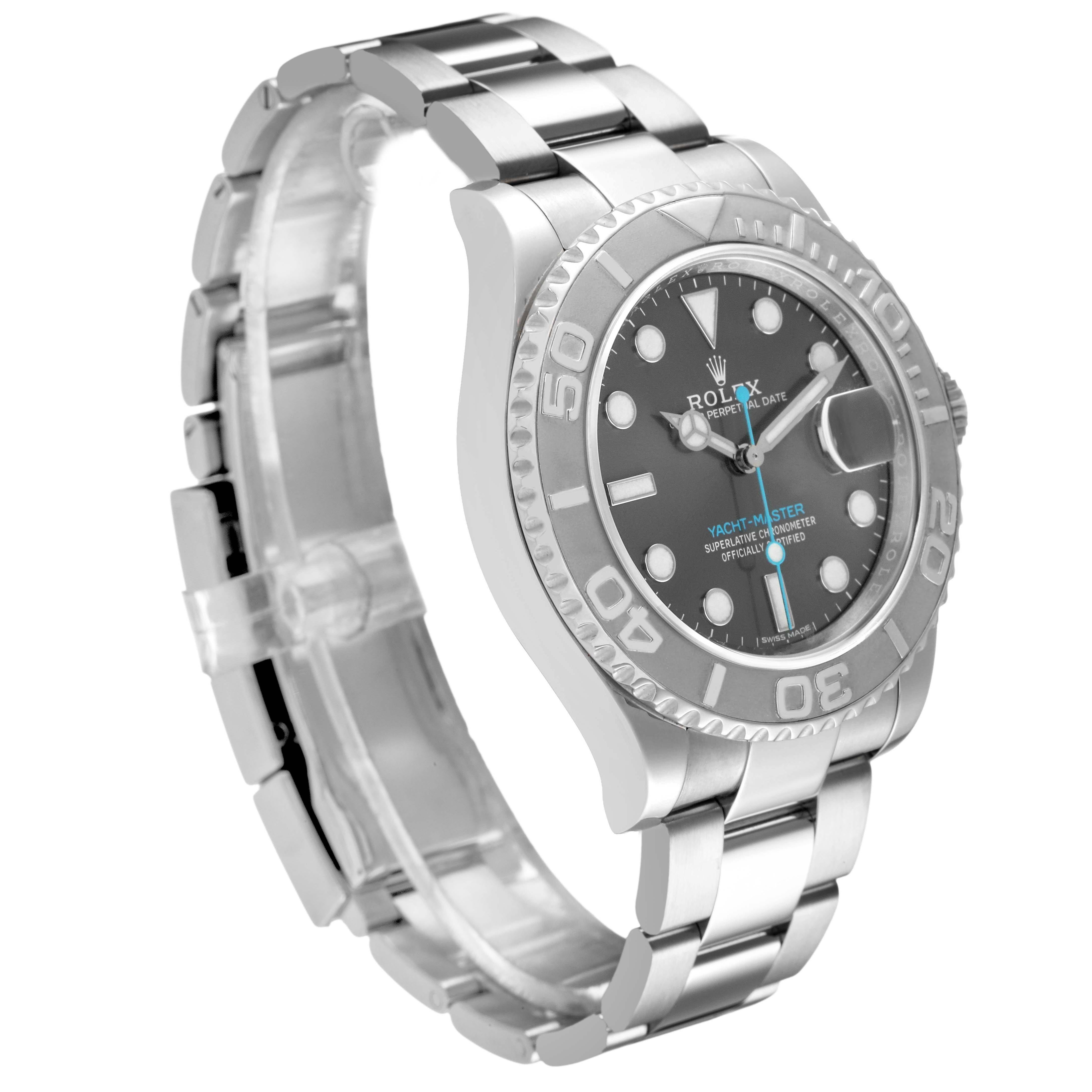 The Rolex Yacht-Master 116622 Men's Stainless Steel Silver Dial watch is shown at a three-quarter angle, displaying the face, bezel, case, and bracelet.