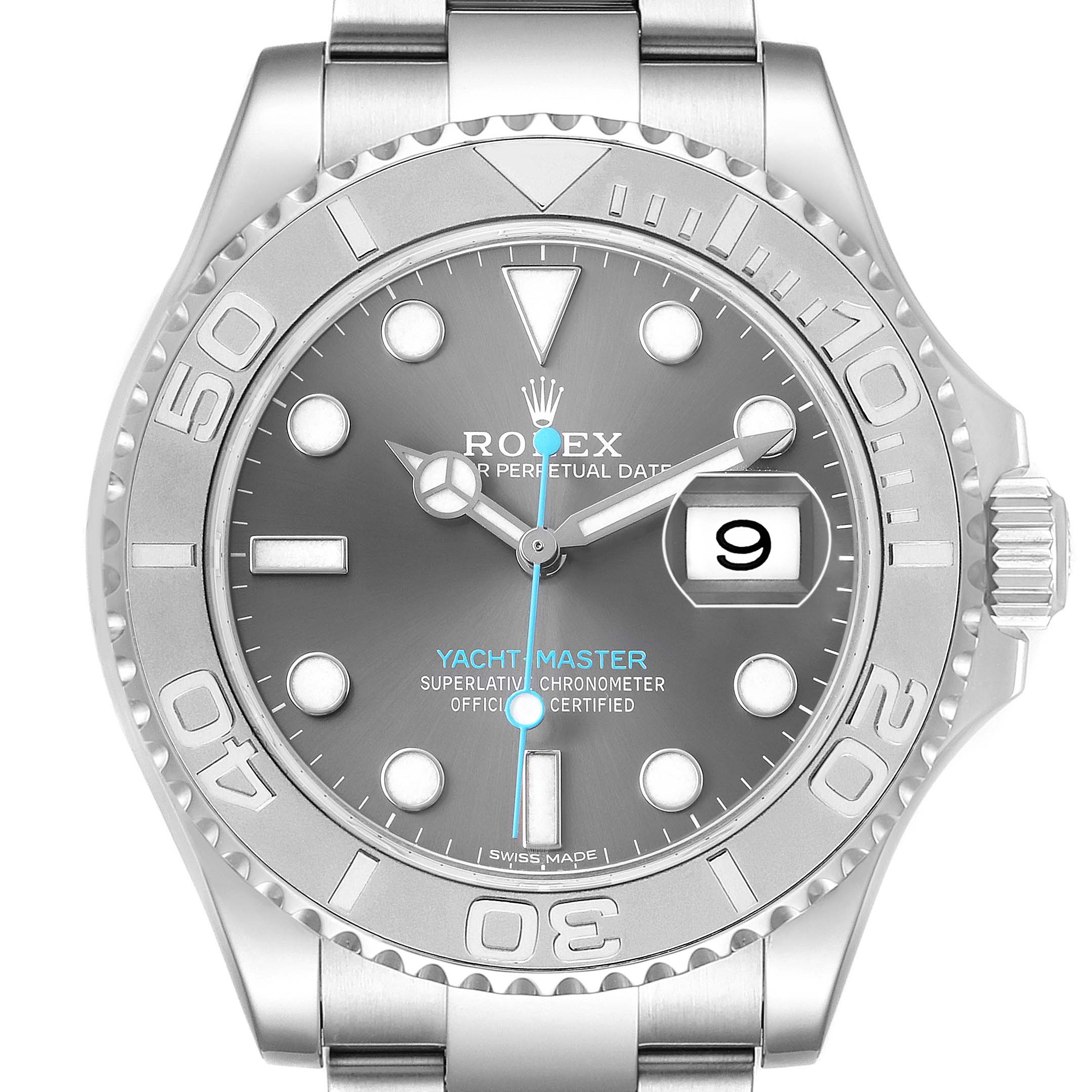 The Rolex Yacht-Master 116622 Men's Stainless Steel Silver Dial watch is shown from a top-down angle, highlighting its bezel, dial, and bracelet.