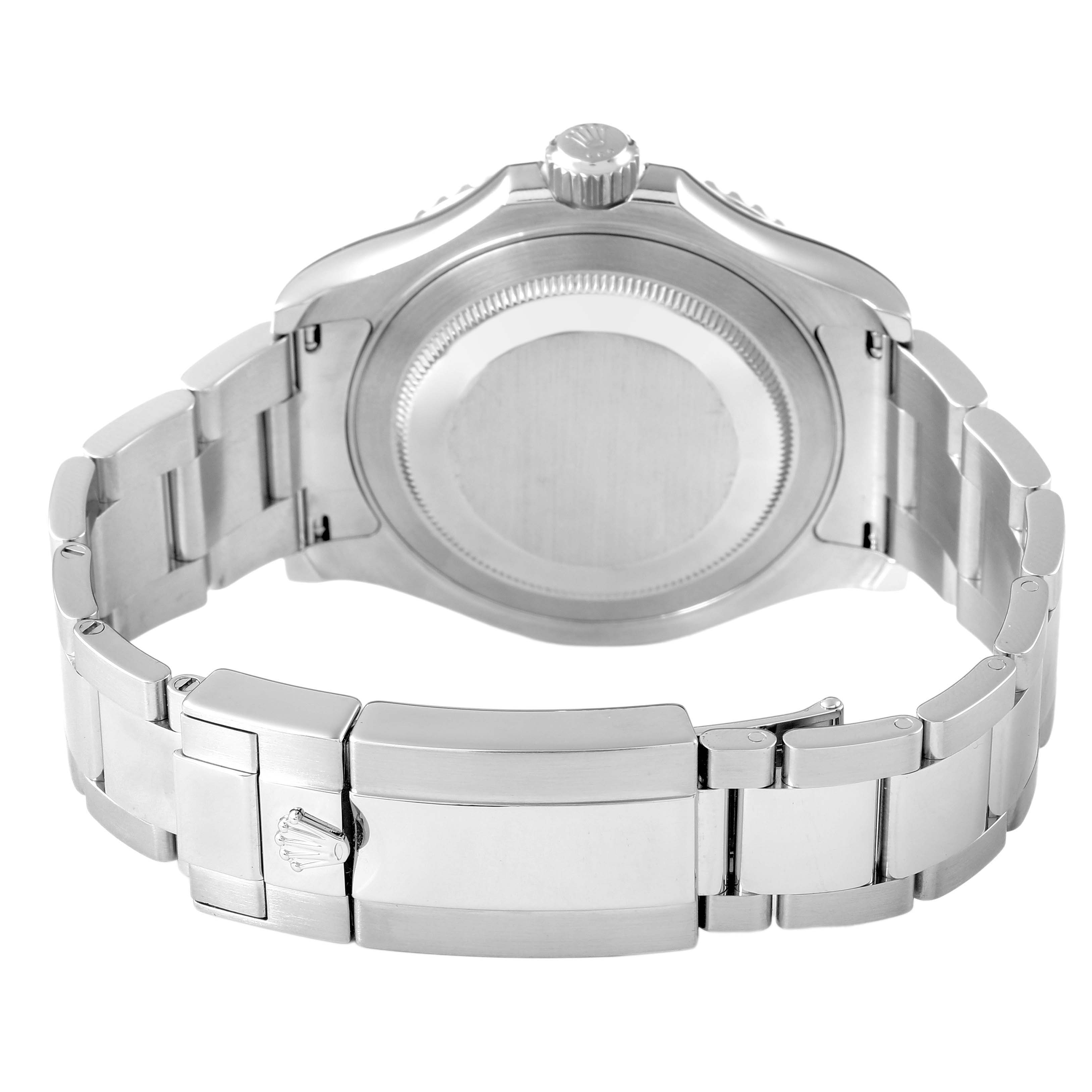 The image shows the back and clasp of a Rolex Yacht-Master 116622 Men's Stainless Steel Silver Dial watch, highlighting the bracelet and crown.