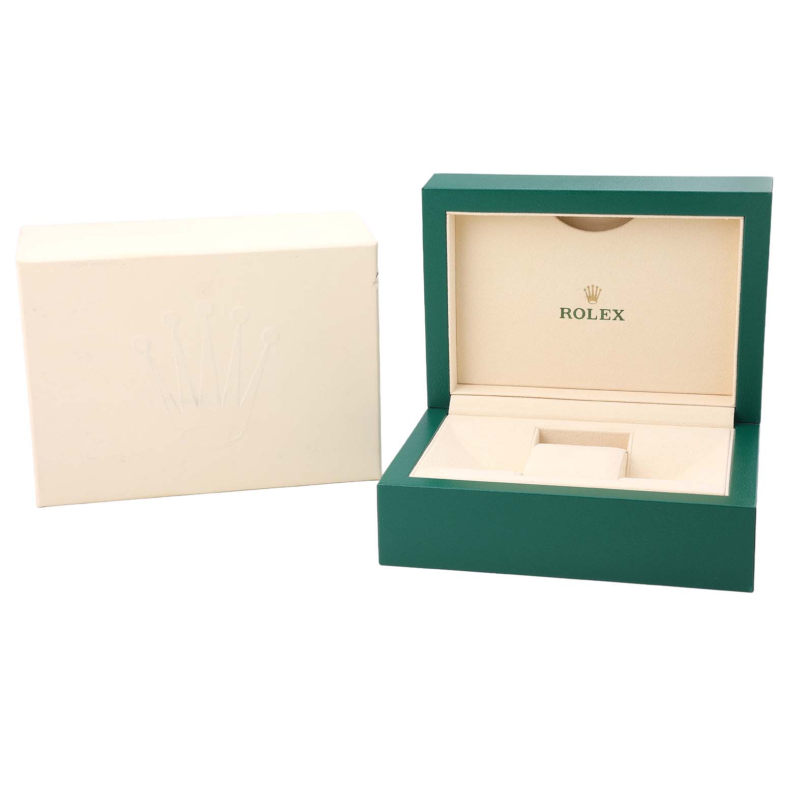 The image shows a Rolex Yacht-Master 116622 Men's Stainless Steel Silver Dial watch box and outer case, viewed from the front.