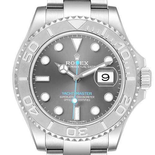 The Rolex Yacht-Master 116622 Men's Stainless Steel Silver Dial watch is shown from a front angle, displaying the dial, bezel, crown, and part of the bracelet.