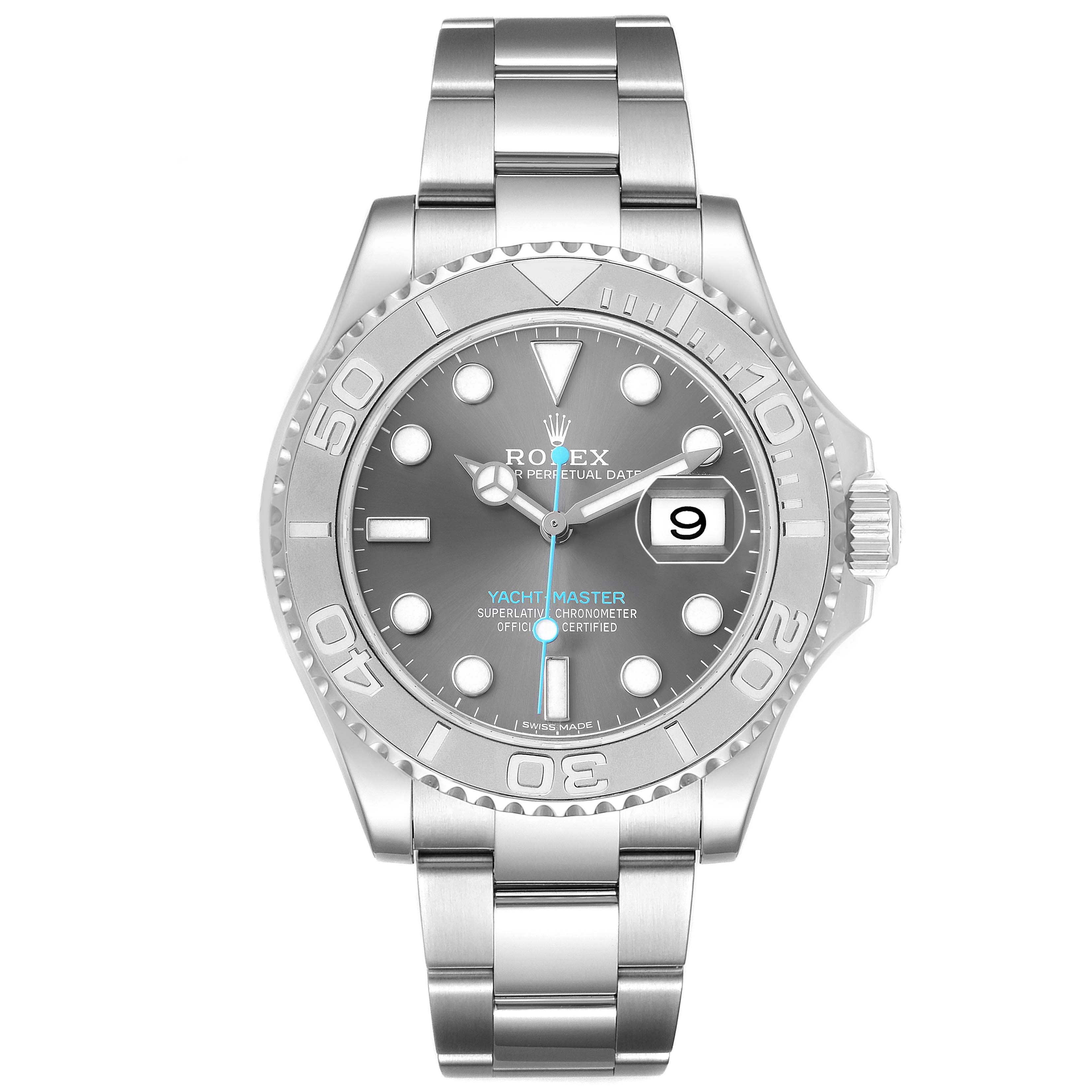 The image shows a front view of the Rolex Yacht-Master 116622 Men's Stainless Steel Silver Dial watch, displaying the face, bezel, and bracelet.