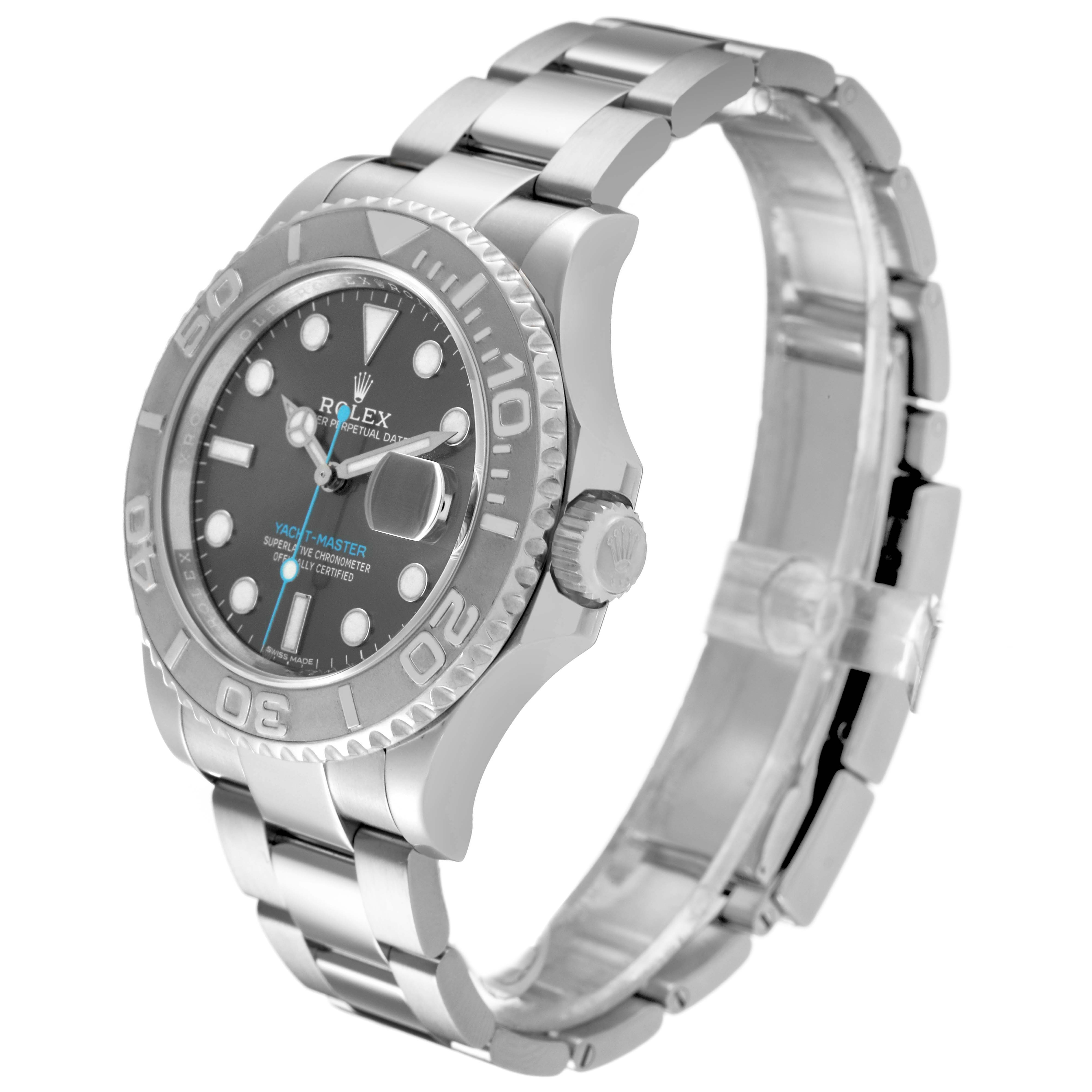 The Rolex Yacht-Master 116622 Men's Stainless Steel Silver Dial watch is shown at a three-quarter angle, highlighting the dial, bezel, crown, and bracelet.