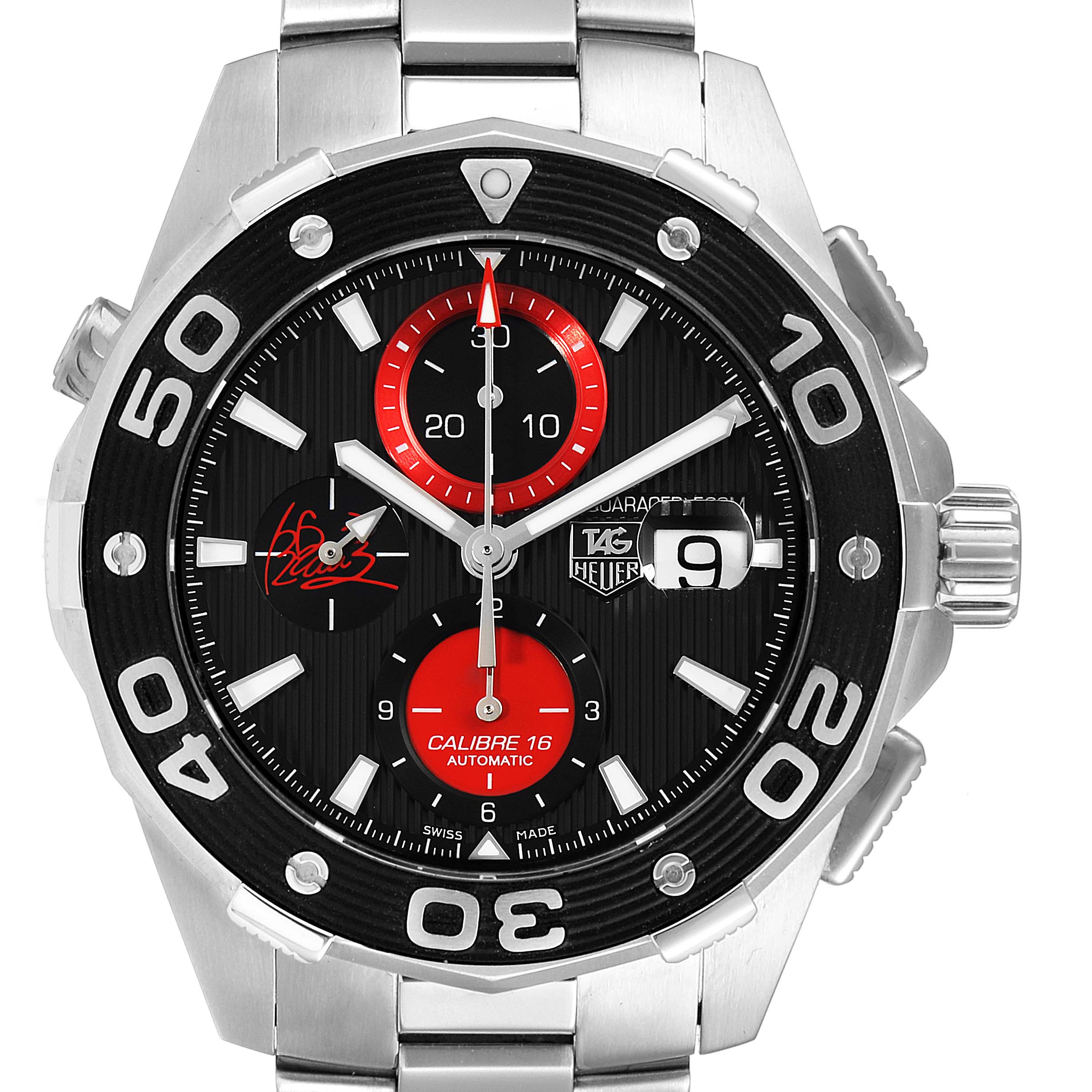 The image shows the face and bezel of the Tag Heuer Limited Edition CAJ2113.FT6023 Men
s Stainless Steel Black Dial CAJ2113.FT6023 Men
s Stainless Steel Black Dial Calibre 16 Automatic watch from a front angle.