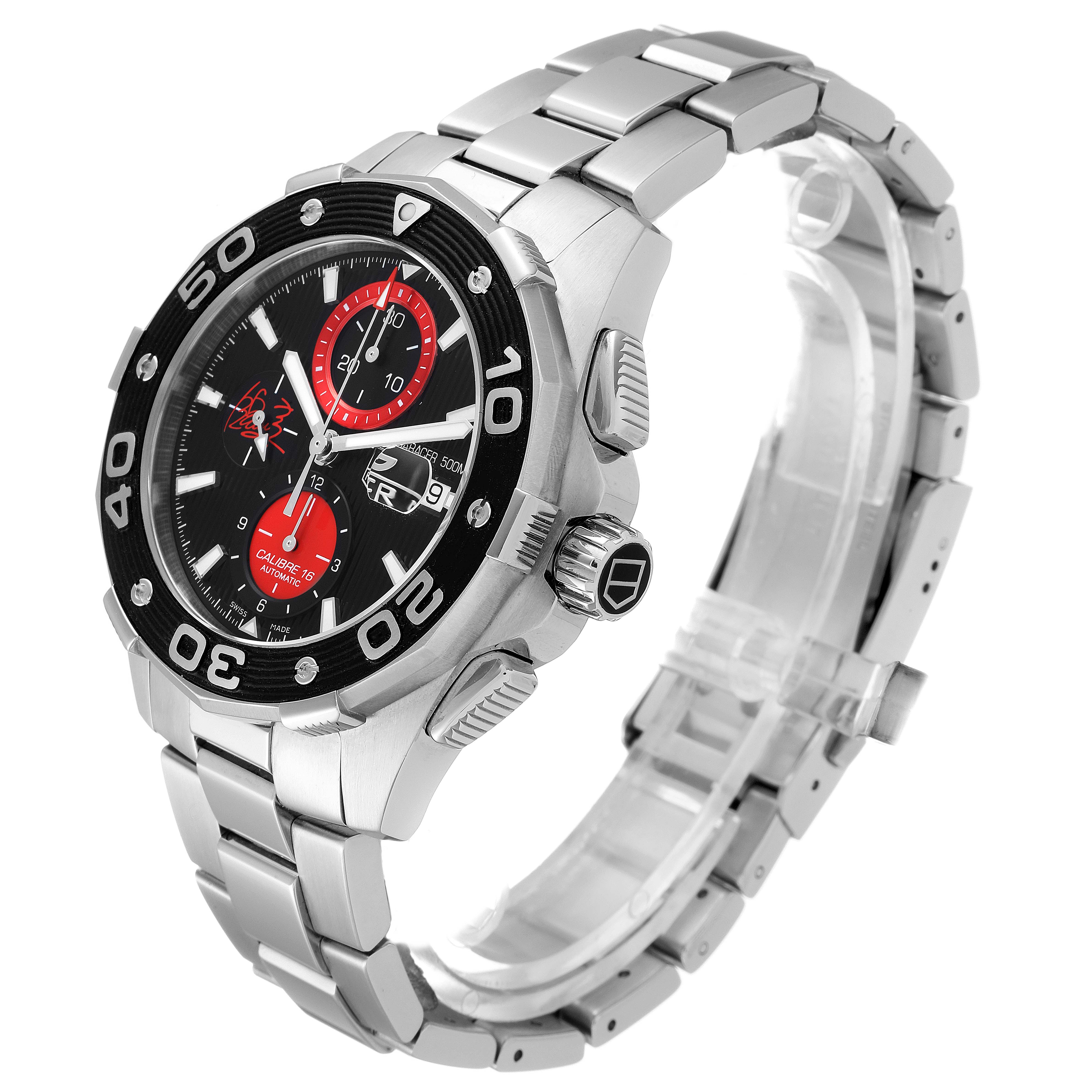 The Tag Heuer Aquaracer watch is shown at a three-quarter angle, displaying the bezel, dial, and stainless steel bracelet.