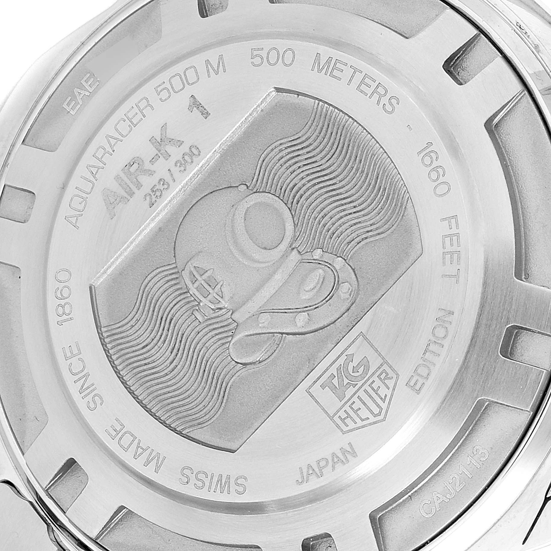 This image shows the case back of a Tag Heuer Aquaracer model watch, indicating water resistance and other details.