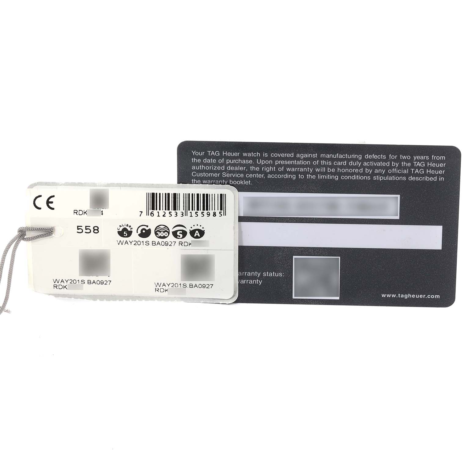 The image shows the warranty card and tag for the Tag Heuer Aquaracer WAY201S Men's Stainless Steel Green Dial WAY201S Men's Stainless Steel Green Dial watch model.