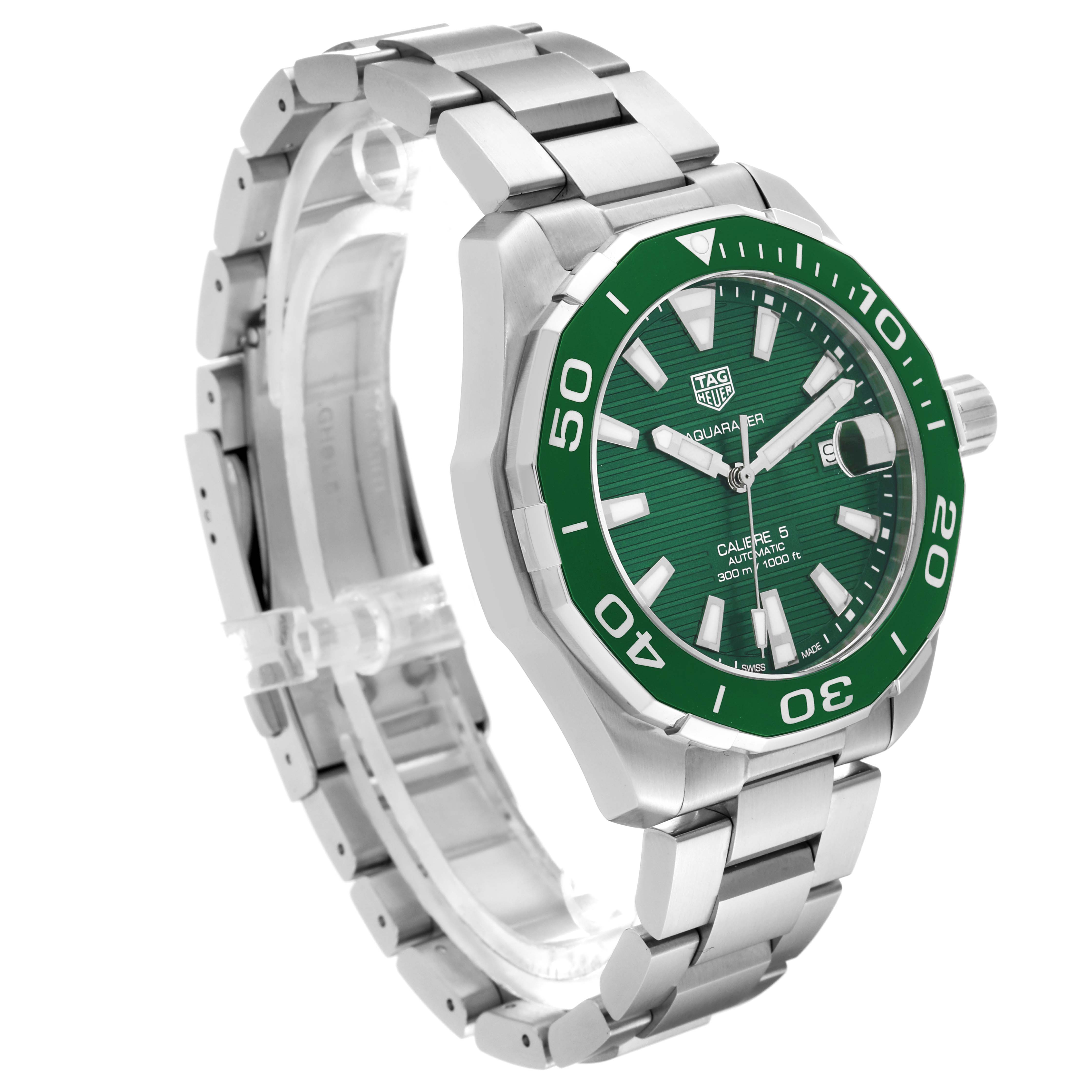 The image shows a side angle view of the Tag Heuer Aquaracer WAY201S Men's Stainless Steel Green Dial WAY201S Men's Stainless Steel Green Dial watch, highlighting the green bezel, dial, and stainless steel bracelet.