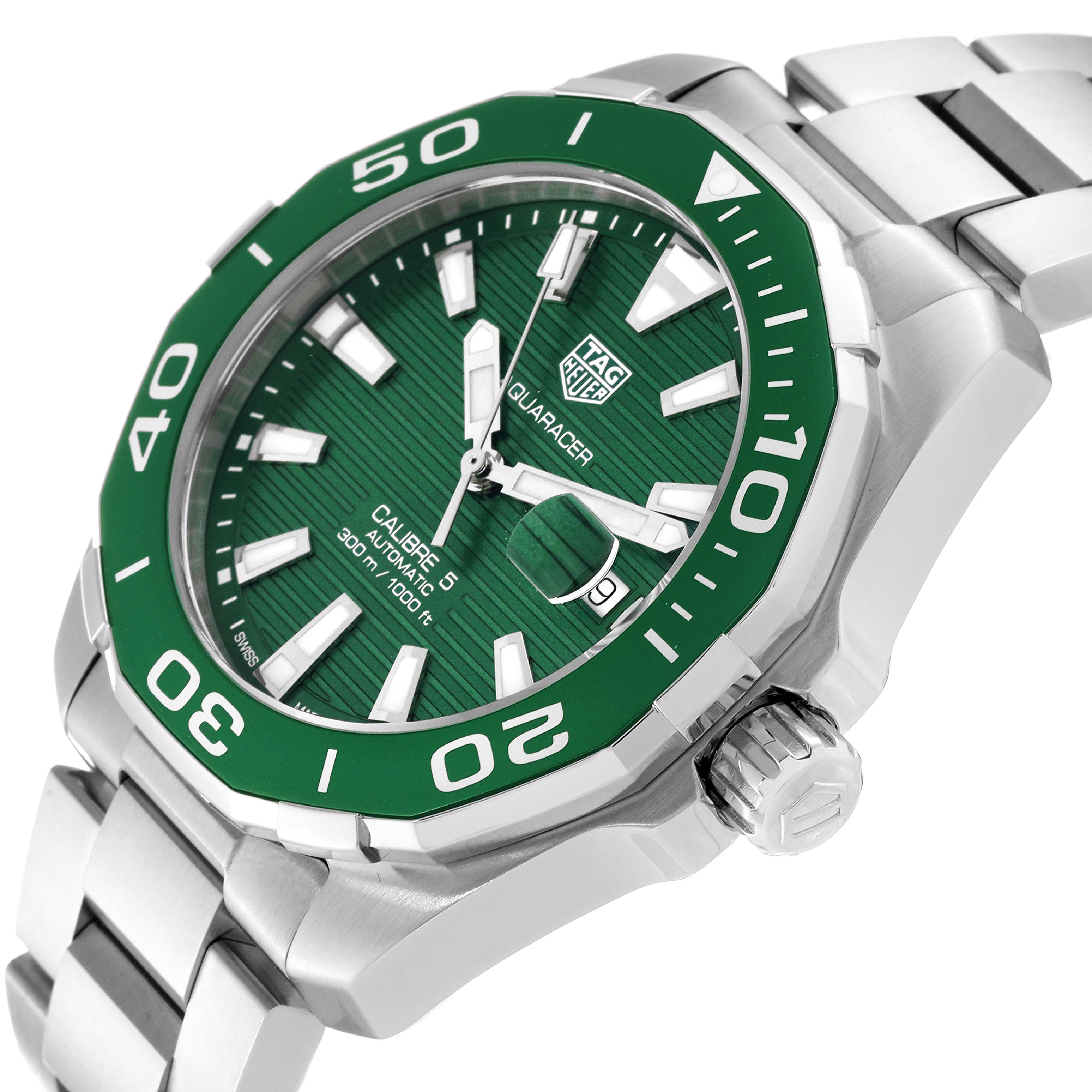 The image shows a side view of a Tag Heuer Aquaracer WAY201S Men's Stainless Steel Green Dial WAY201S Men's Stainless Steel Green Dial watch featuring a green bezel and dial with a silver bracelet.