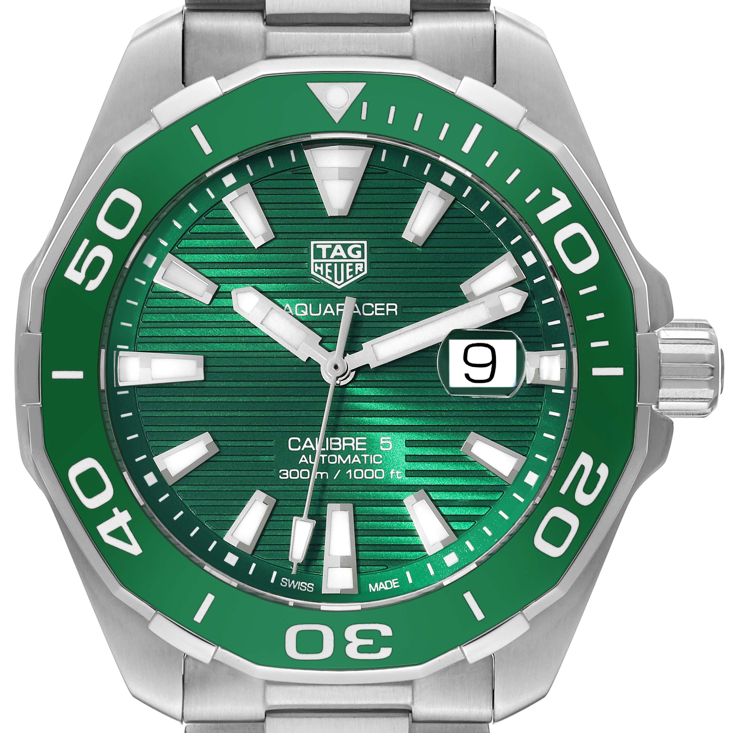 The image shows the face of the Tag Heuer Aquaracer WAY201S Men's Stainless Steel Green Dial WAY201S Men's Stainless Steel Green Dial watch from a front angle, highlighting its green dial and bezel.