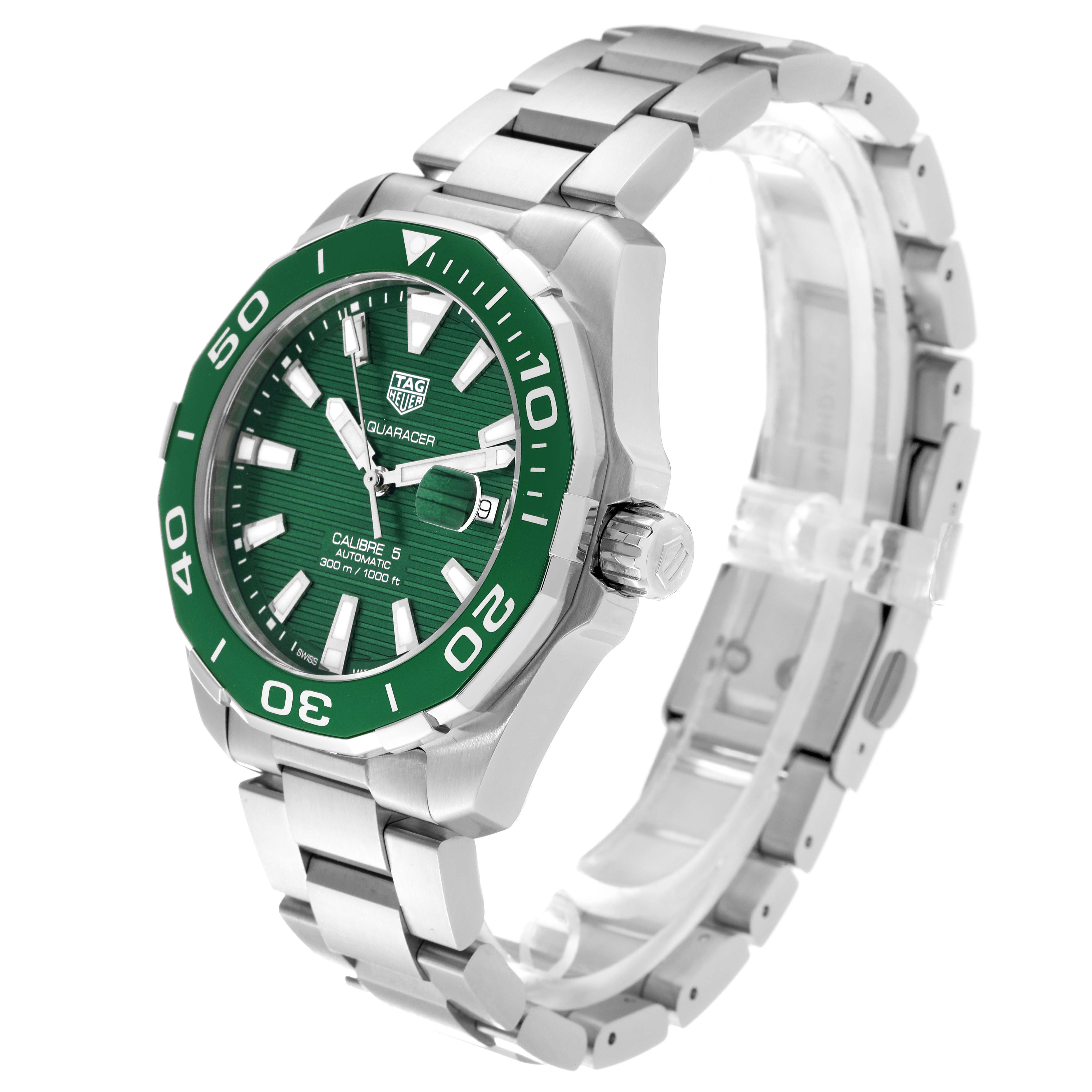 The Tag Heuer Aquaracer WAY201S Men's Stainless Steel Green Dial WAY201S Men's Stainless Steel Green Dial watch is shown at a three-quarter angle, highlighting its green bezel, dial, and stainless steel bracelet.