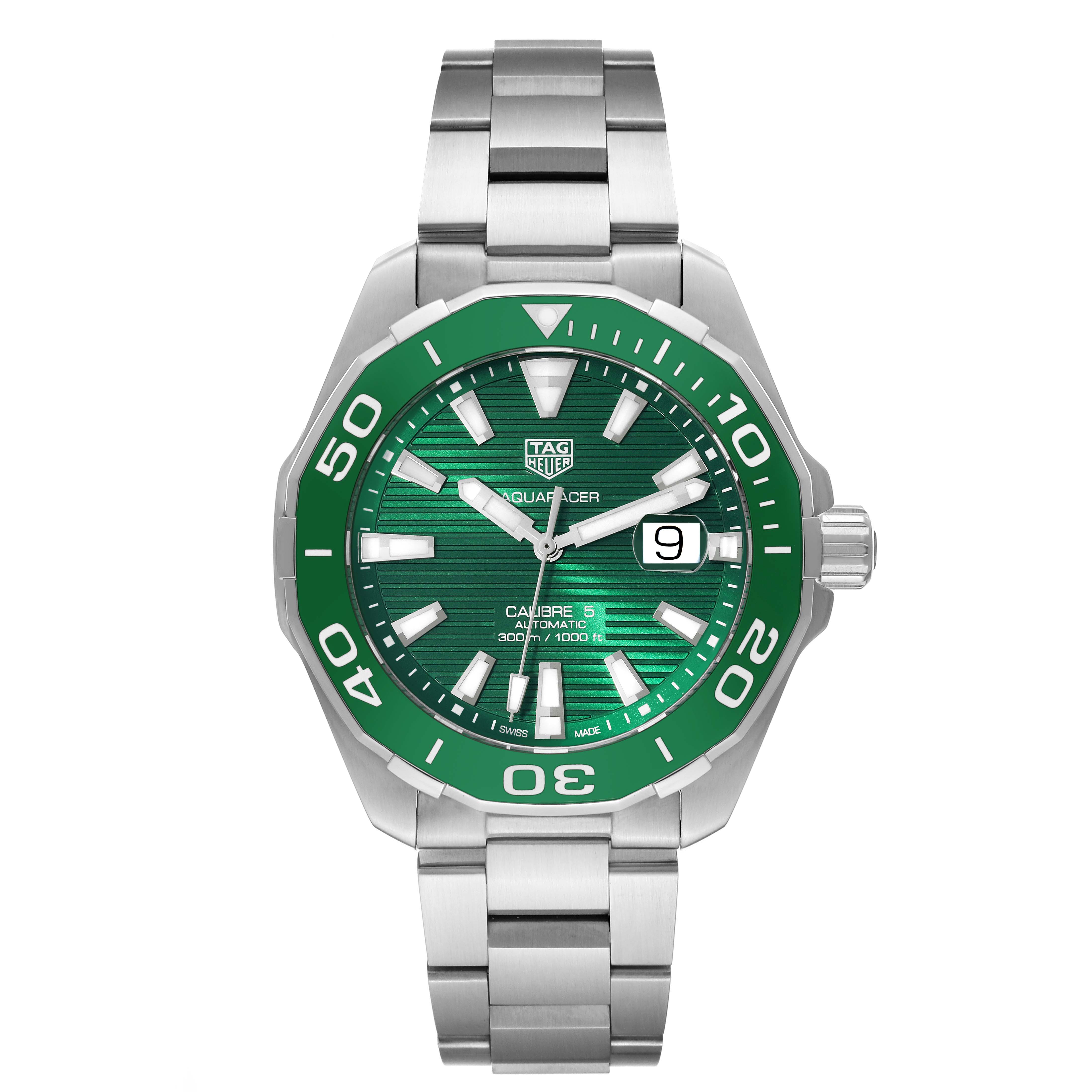 This image shows a frontal view of the Tag Heuer Aquaracer WAY201S Men's Stainless Steel Green Dial WAY201S Men's Stainless Steel Green Dial watch, featuring its green dial, bezel, hands, and date display.