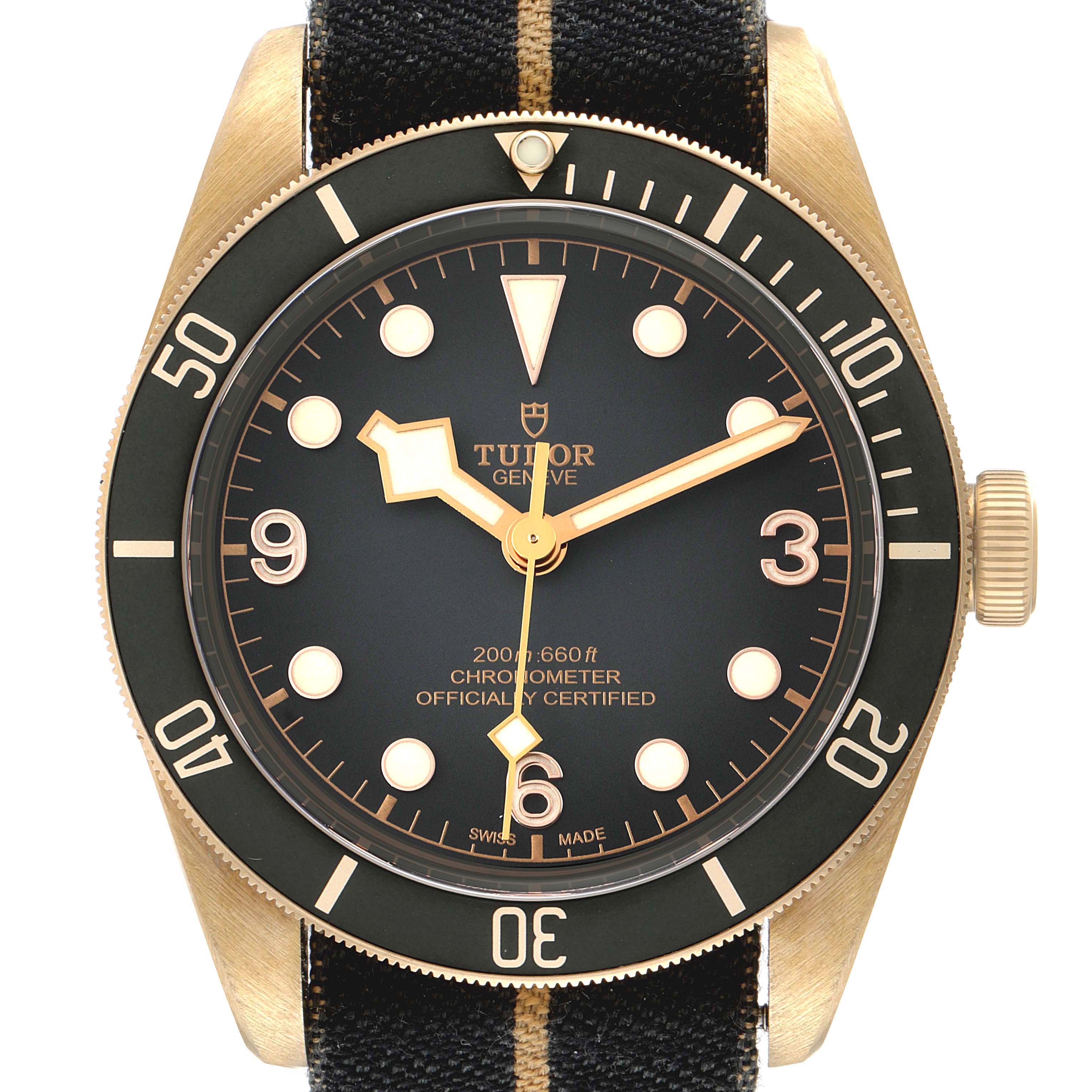 The image shows a front view of the Tudor Heritage Black Bay 79250B Men's Bronze Black Dial 79250B Men's Bronze Black Dial watch, highlighting its dial, bezel, and crown.