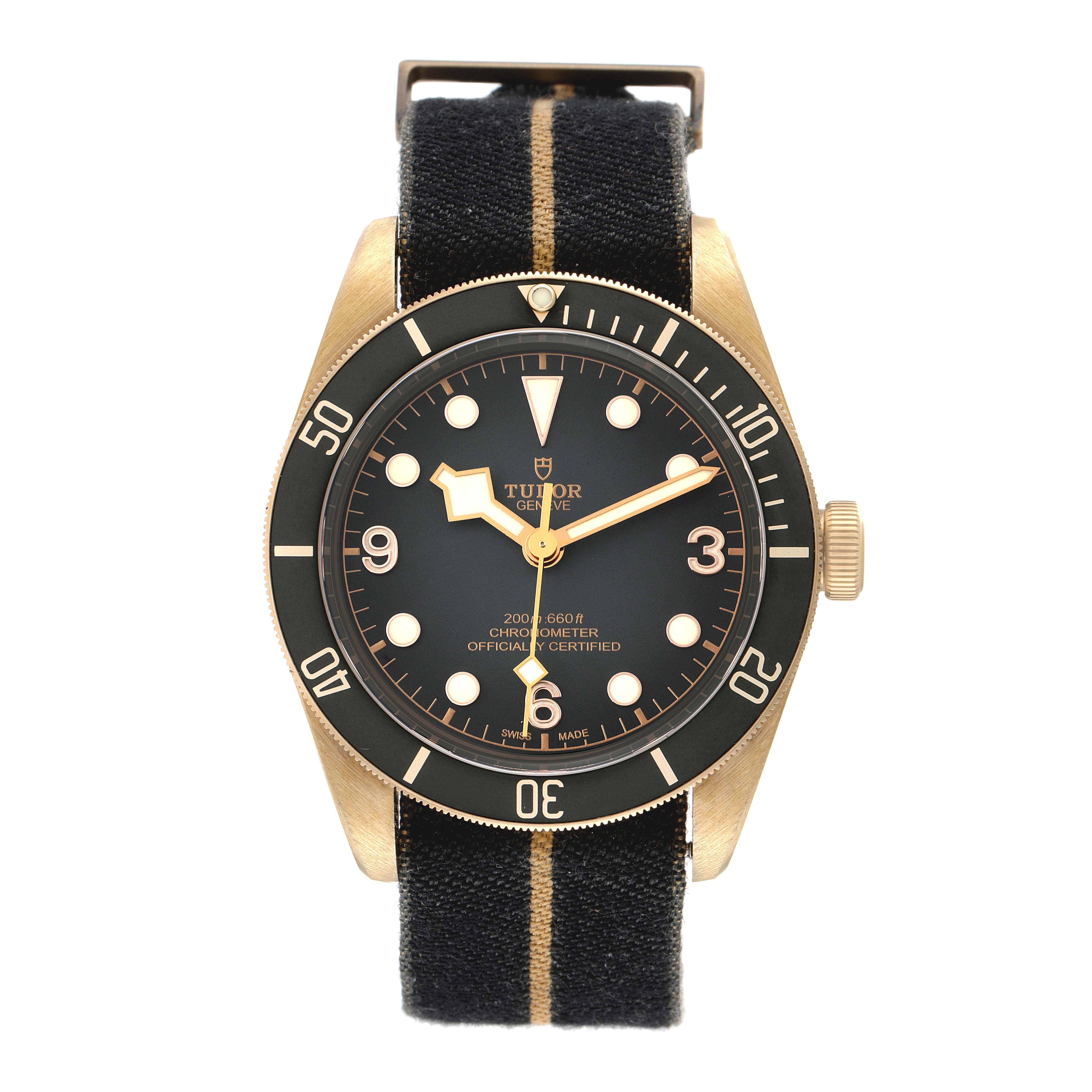 The image shows a front view of the Tudor Heritage Black Bay 79250B Men's Bronze Black Dial 79250B Men's Bronze Black Dial watch with a black strap and bronze case.