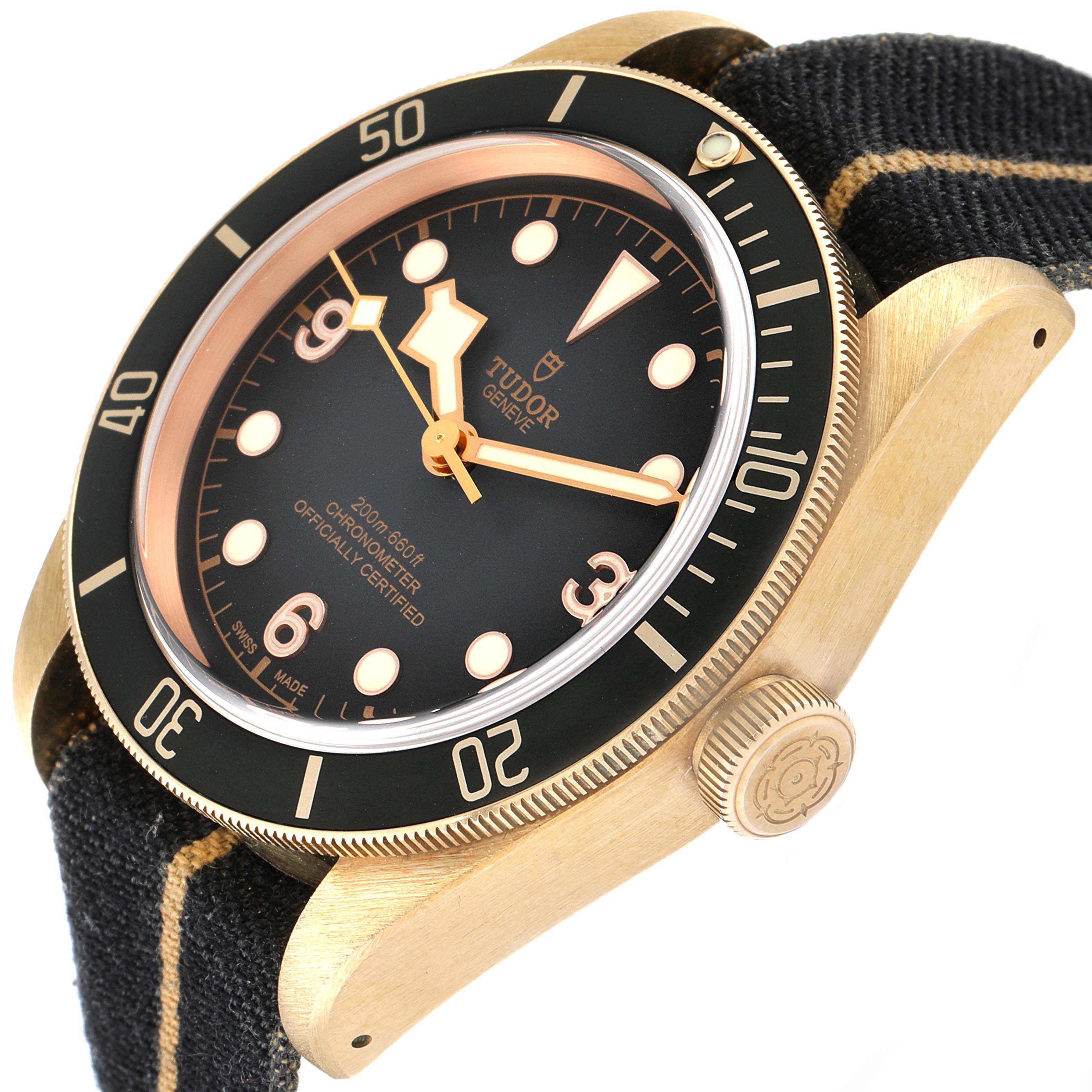 The Tudor Heritage Black Bay 79250B Men's Bronze Black Dial 79250B Men's Bronze Black Dial watch is shown at an angled side view, highlighting the dial, bezel, crown, and strap.