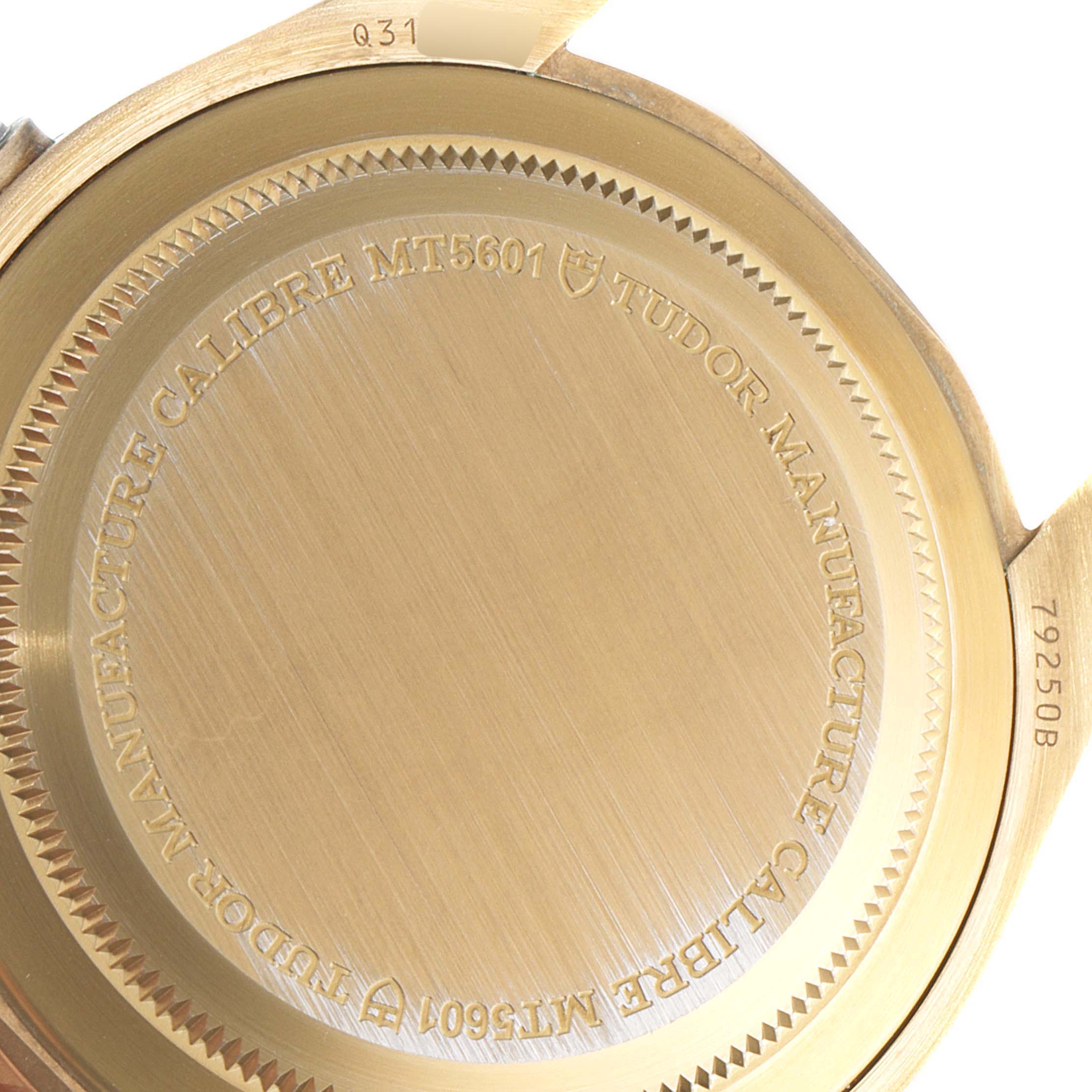 This image shows the case back of a Tudor Heritage Black Bay 79250B Men's Bronze Black Dial 79250B Men's Bronze Black Dial watch, displaying the engravings and model details.