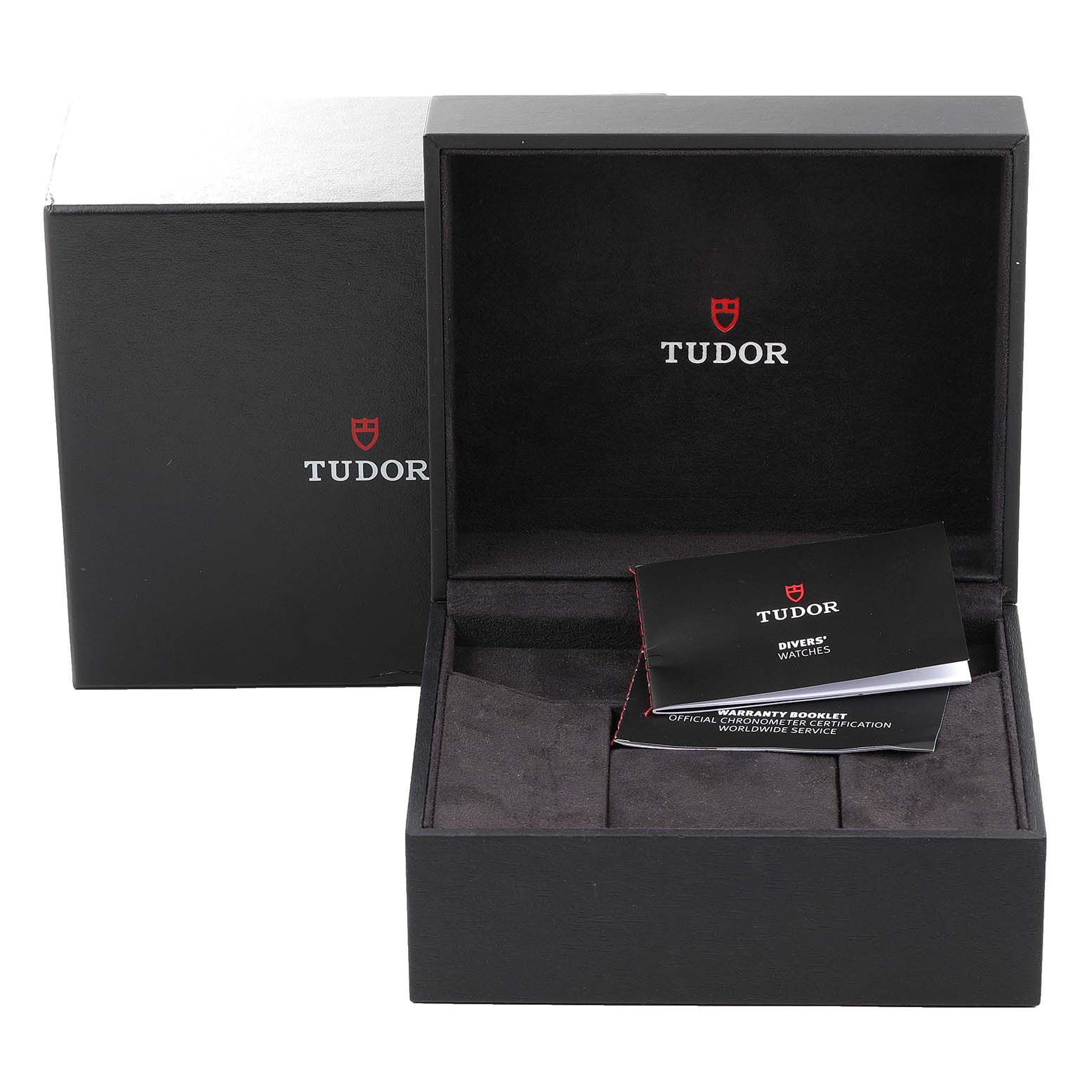 The image shows an open box for the Heritage Black Bay model by Tudor with warranty booklets inside.