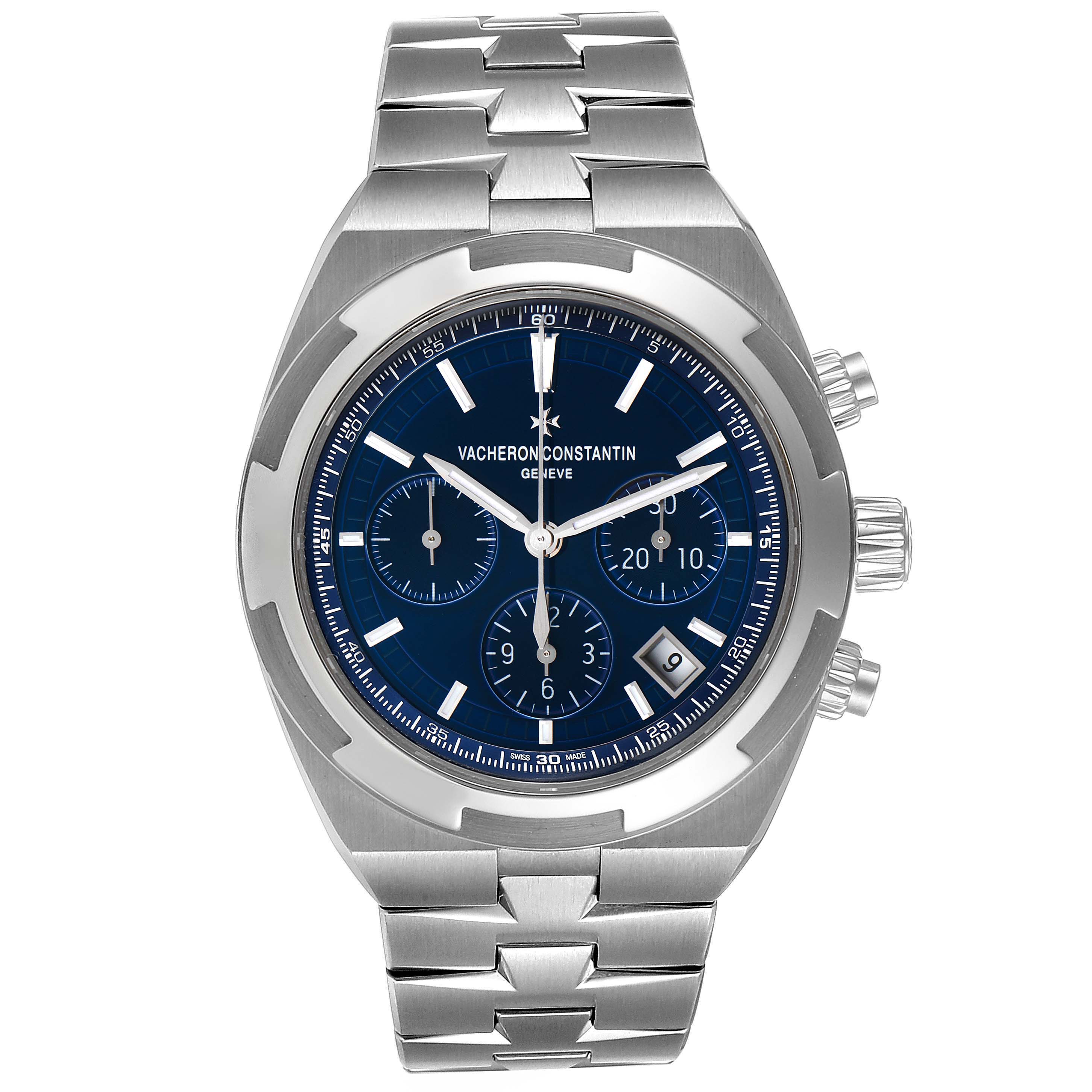 This image shows a front view of the Vacheron Constantin Overseas 5500V/110A-B148 Men's Stainless Steel Blue Dial 5500V/110A-B148 Men's Stainless Steel Blue Dial model watch, displaying its blue dial, chronograph subdials, and metal bracelet.