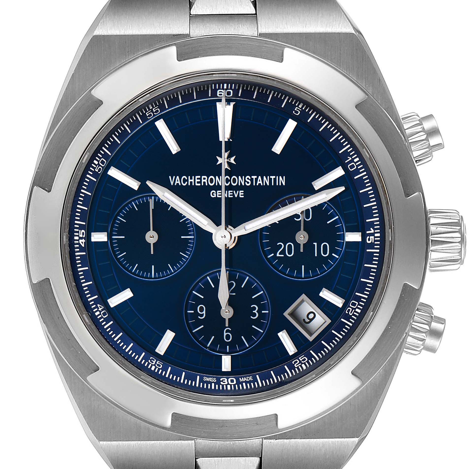 This image shows a close-up view of the Vacheron Constantin Overseas 5500V/110A-B148 Men's Stainless Steel Blue Dial 5500V/110A-B148 Men's Stainless Steel Blue Dial watch, highlighting the blue dial, chronograph subdials, and date window.