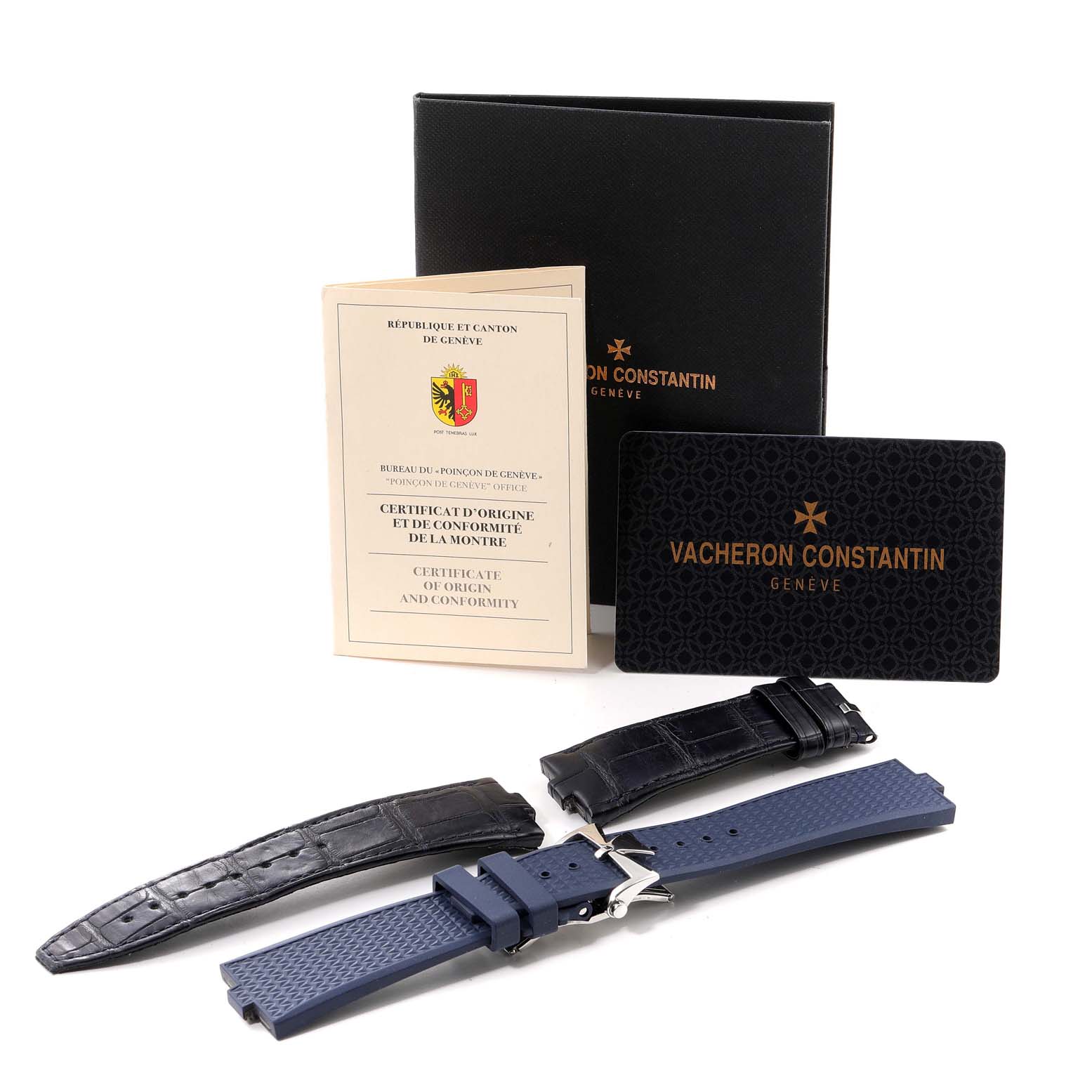 The image shows Vacheron Constantin Overseas 5500V/110A-B148 Men's Stainless Steel Blue Dial 5500V/110A-B148 Men's Stainless Steel Blue Dial model accessories including straps, a certificate, and a branded card and box.