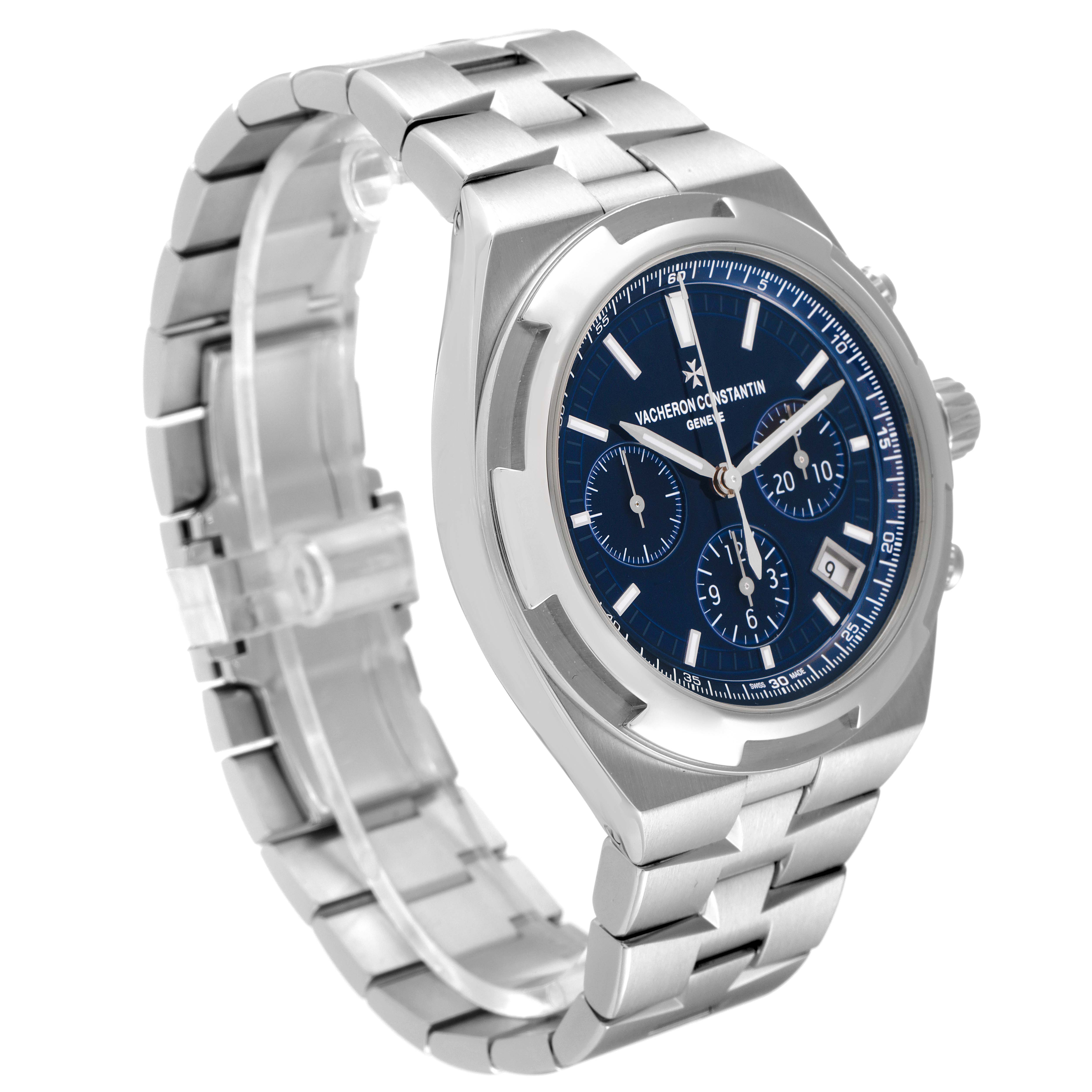 The image shows a Vacheron Constantin Overseas 5500V/110A-B148 Men's Stainless Steel Blue Dial 5500V/110A-B148 Men's Stainless Steel Blue Dial watch at a three-quarter angle, highlighting its blue dial and stainless steel bracelet.