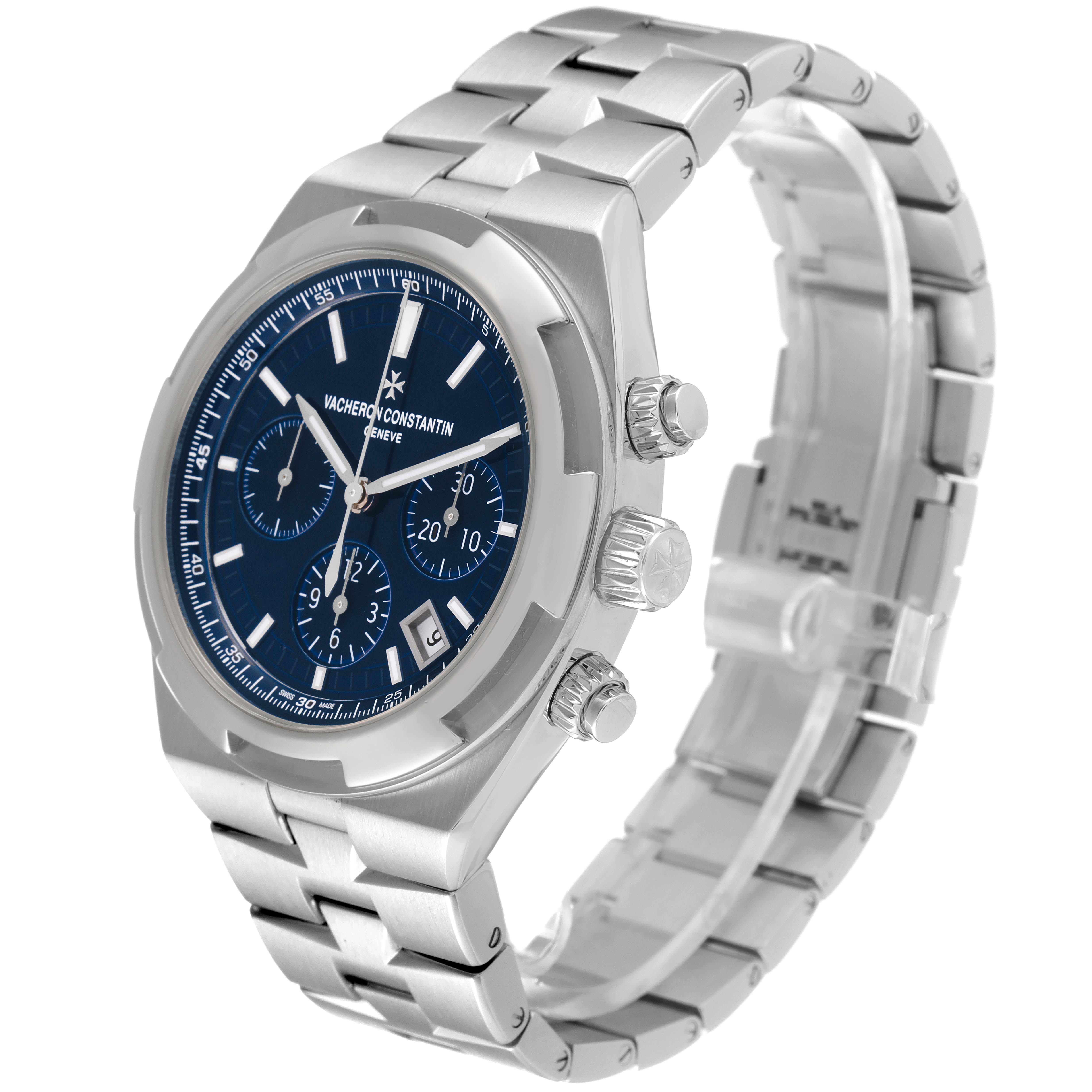 This image shows a Vacheron Constantin Overseas 5500V/110A-B148 Men's Stainless Steel Blue Dial 5500V/110A-B148 Men's Stainless Steel Blue Dial watch from an oblique angle, highlighting the crown, pushers, and metal bracelet.