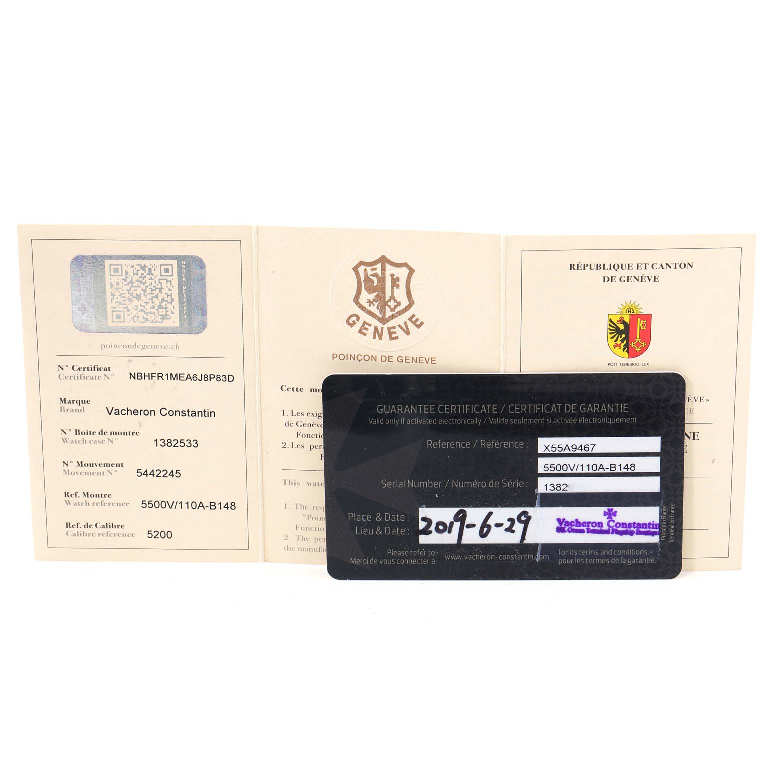 The image displays Vacheron Constantin Overseas 5500V/110A-B148 Men's Stainless Steel Blue Dial 5500V/110A-B148 Men's Stainless Steel Blue Dial model warranty and certification documents from a top-down angle.