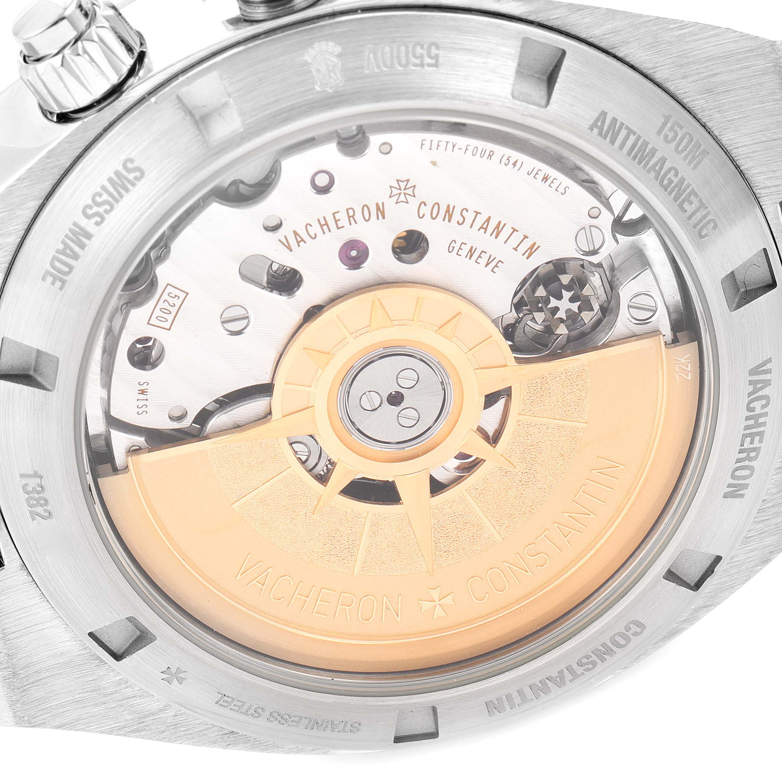 This image shows the caseback view of the Vacheron Constantin Overseas 5500V/110A-B148 Men's Stainless Steel Blue Dial 5500V/110A-B148 Men's Stainless Steel Blue Dial watch, highlighting its intricate movement and rotor.