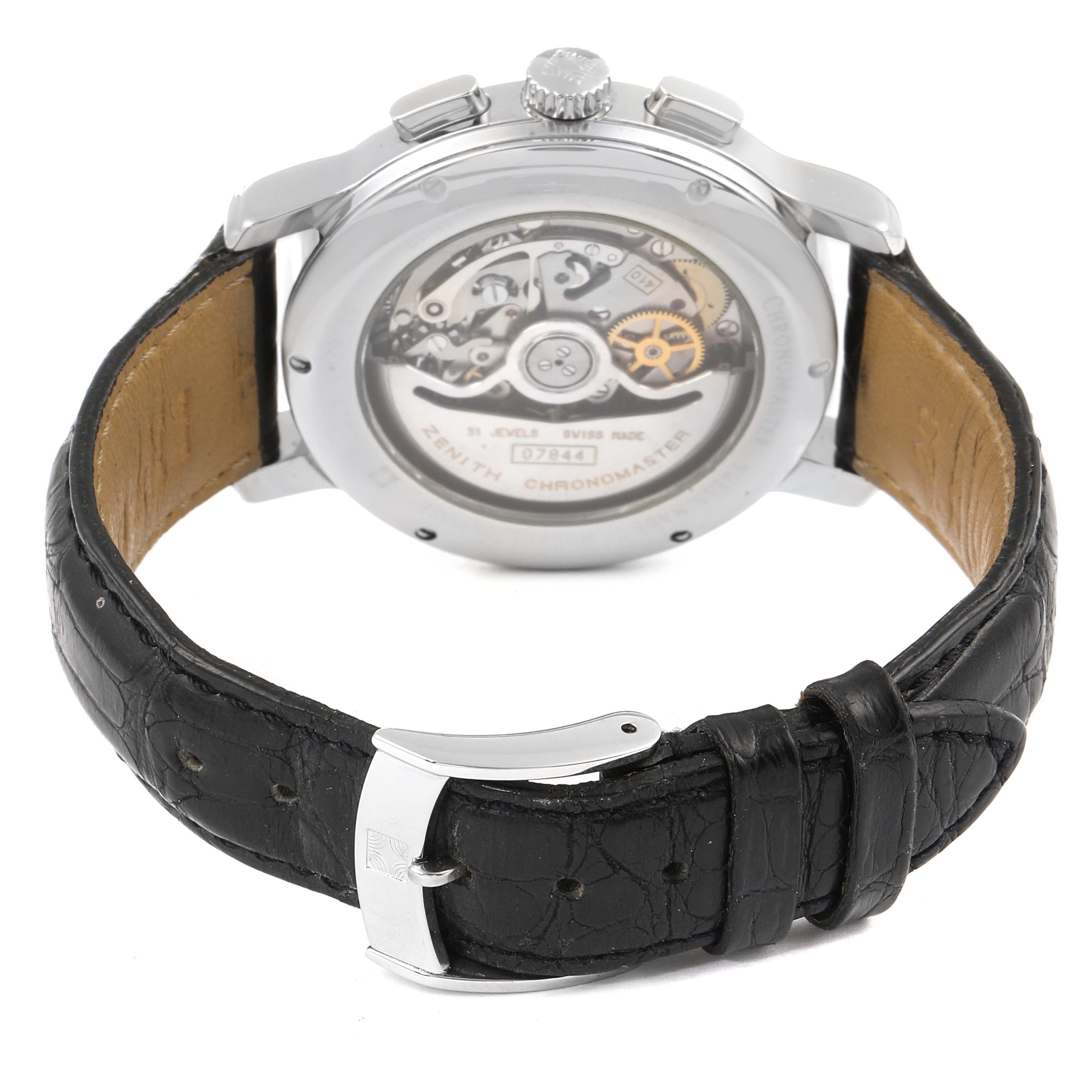 The image shows the back side of the Zenith Chronomaster 01.0240.410 Men's Stainless Steel Silver Dial 01.0240.410 Men's Stainless Steel Silver Dial watch, highlighting its movement and the leather strap.