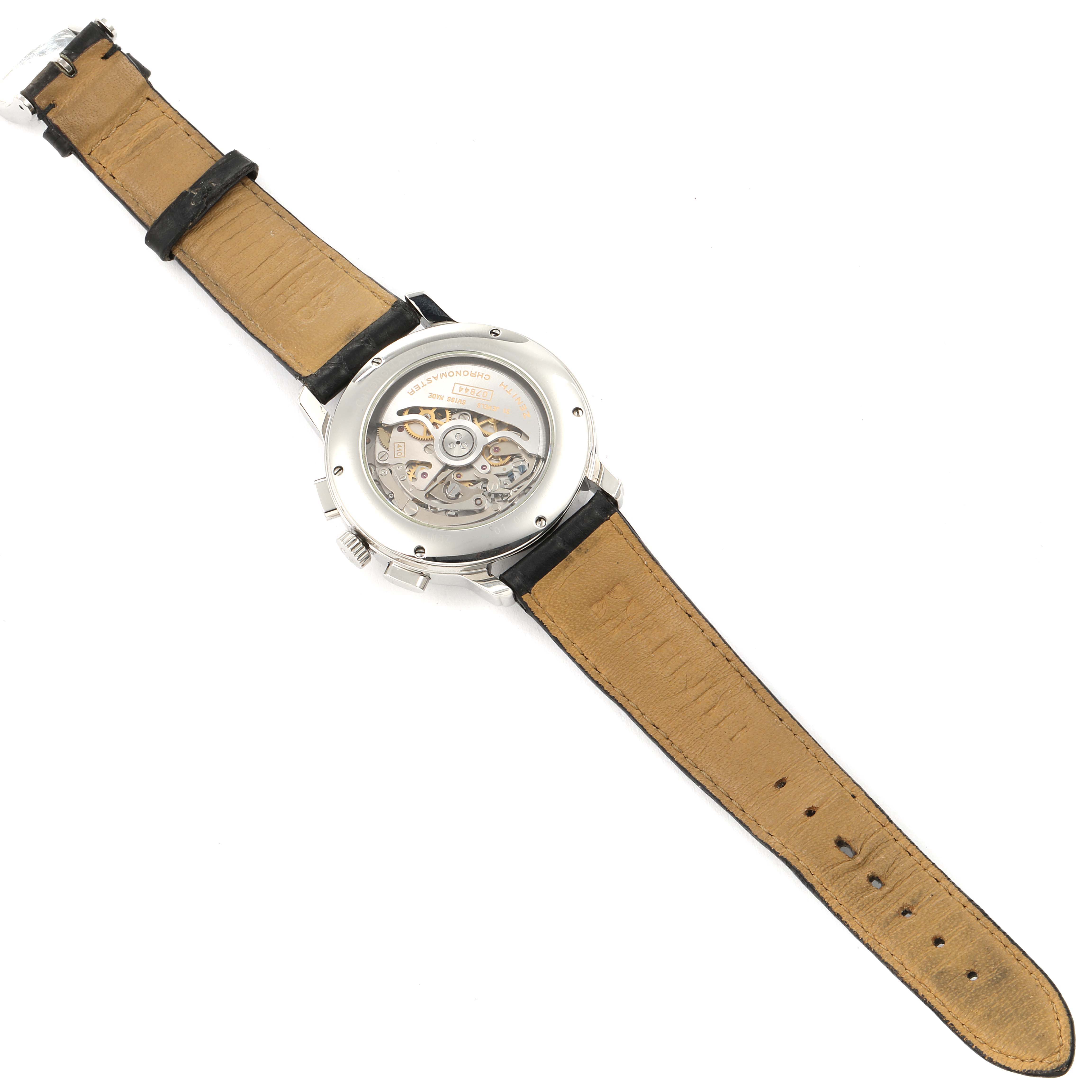 The image shows the back view of a Zenith Chronomaster 01.0240.410 Men's Stainless Steel Silver Dial 01.0240.410 Men's Stainless Steel Silver Dial watch, highlighting the movement and leather strap.