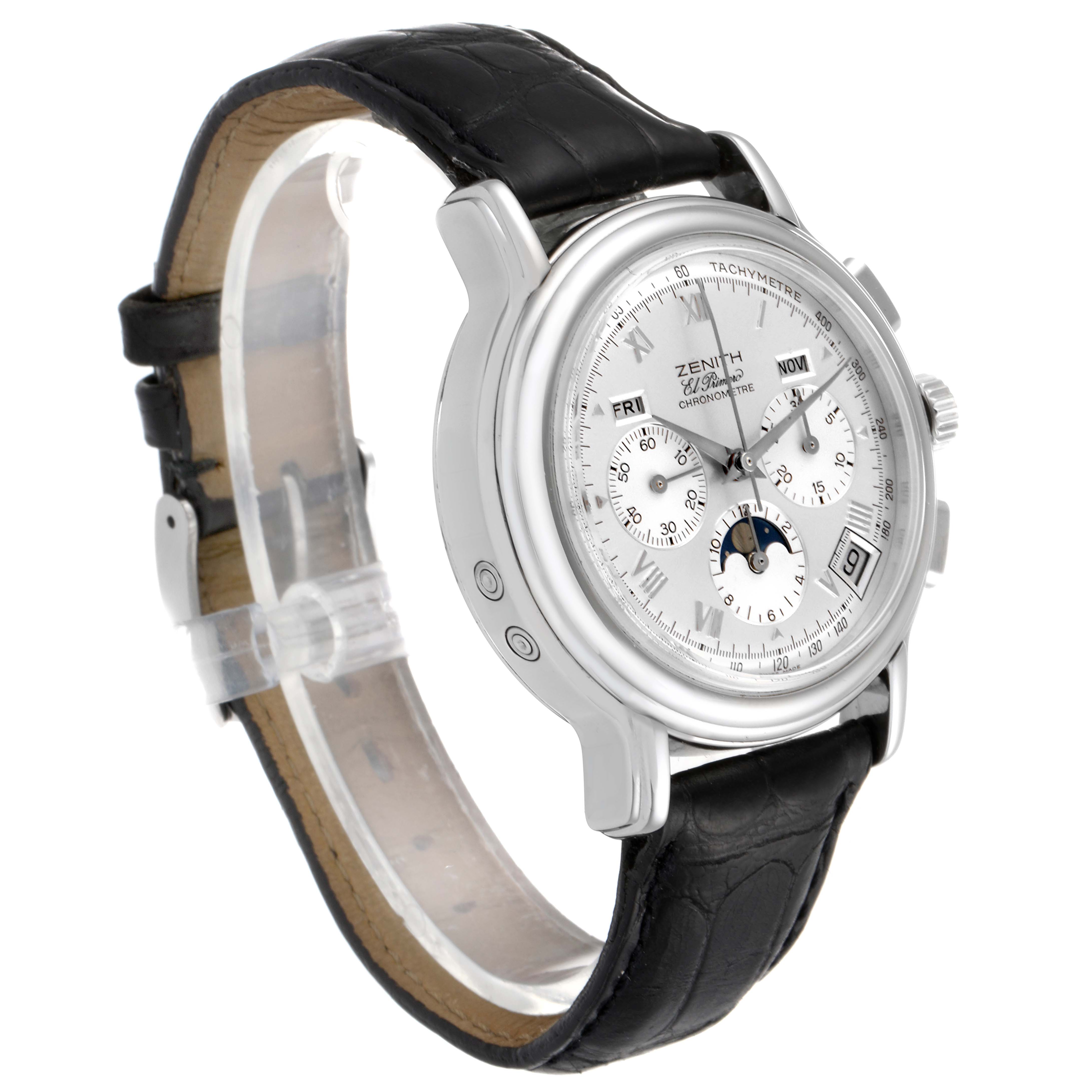 The image shows an angled side view of the Zenith Chronomaster 01.0240.410 Men's Stainless Steel Silver Dial 01.0240.410 Men's Stainless Steel Silver Dial watch, highlighting its dial, subdials, and leather strap.