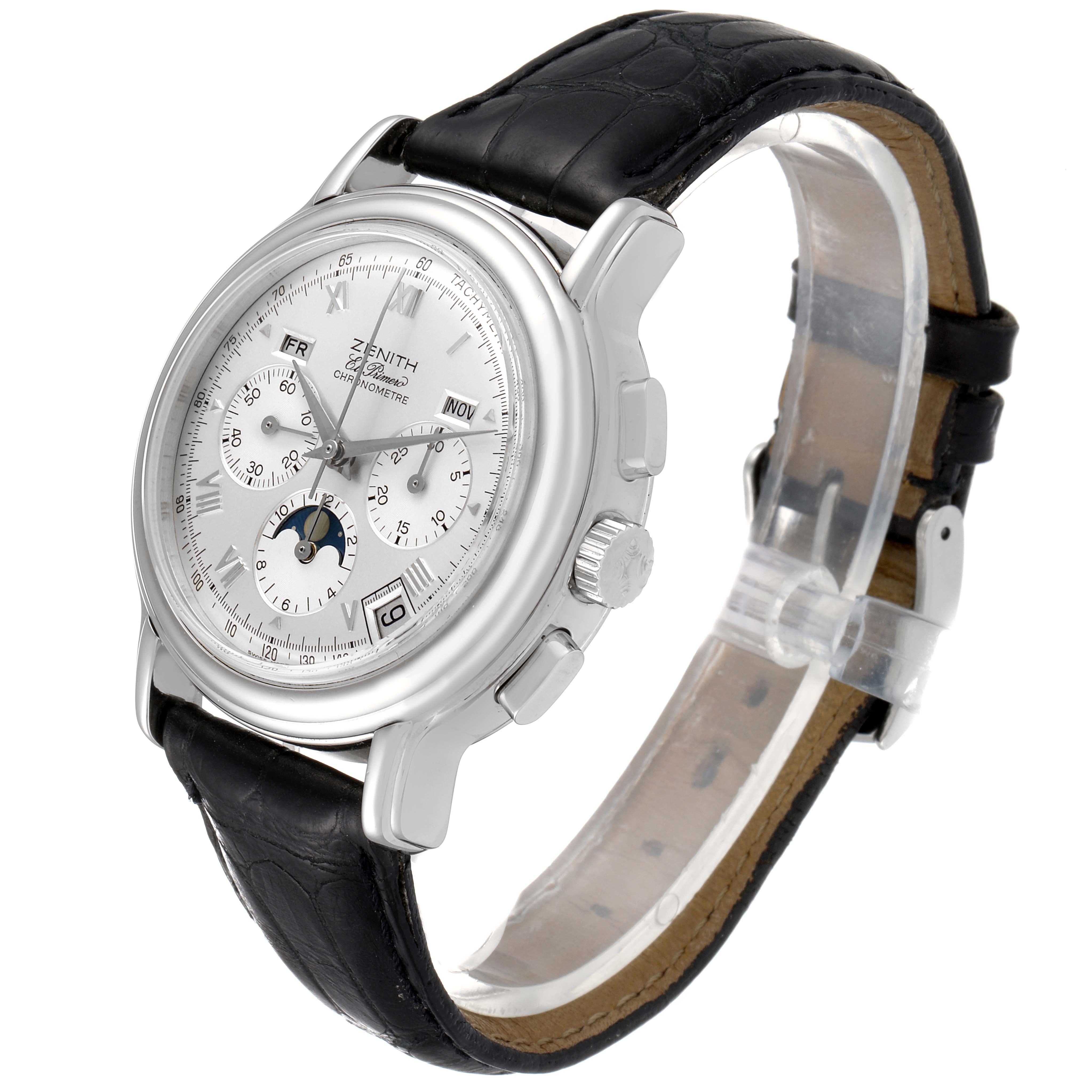 The Zenith Chronomaster 01.0240.410 Men's Stainless Steel Silver Dial 01.0240.410 Men's Stainless Steel Silver Dial watch is shown at an angled view displaying its face, case, and black leather strap.