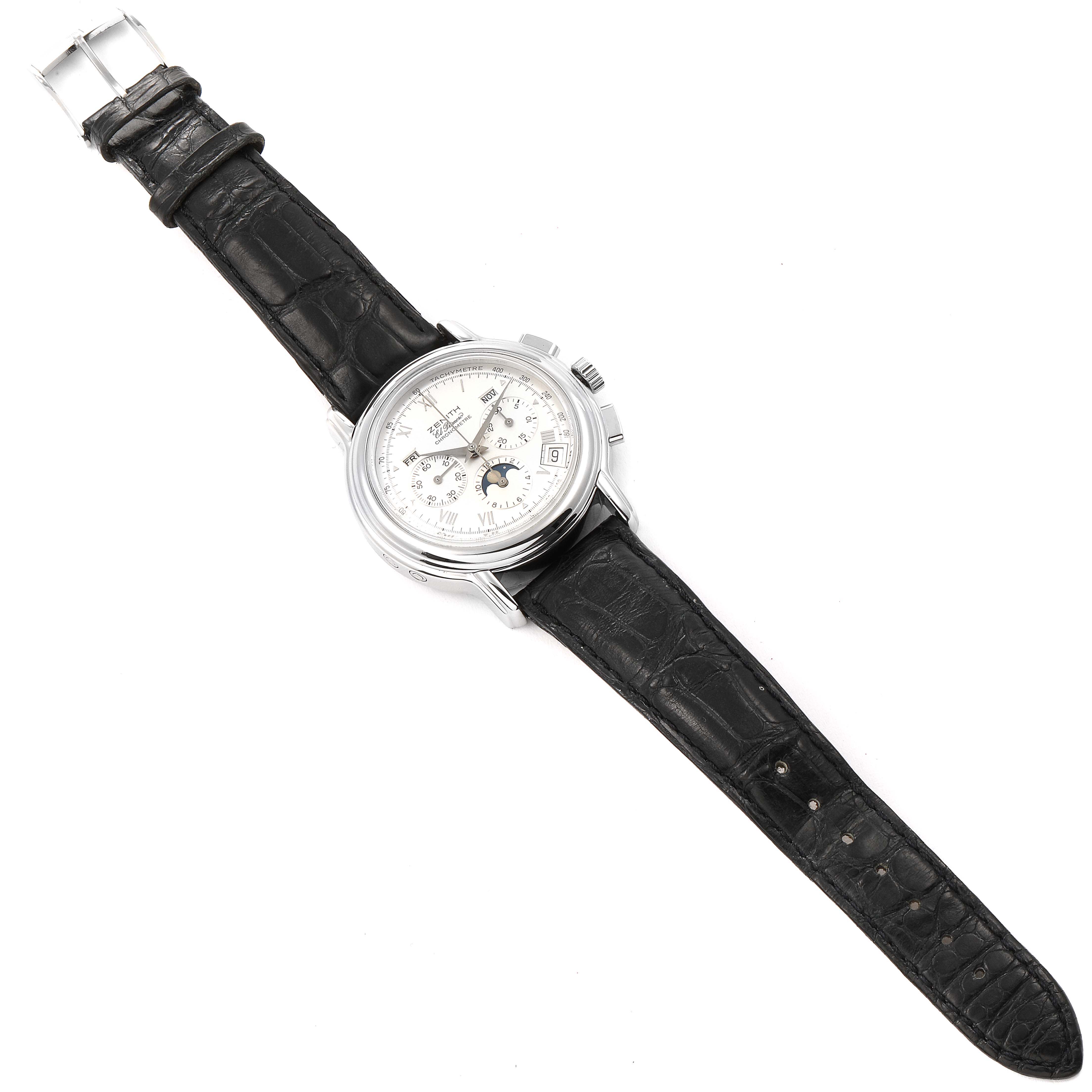 The Zenith Chronomaster 01.0240.410 Men's Stainless Steel Silver Dial 01.0240.410 Men's Stainless Steel Silver Dial watch is shown from a top-down angle, displaying the face, bezel, and black leather strap.