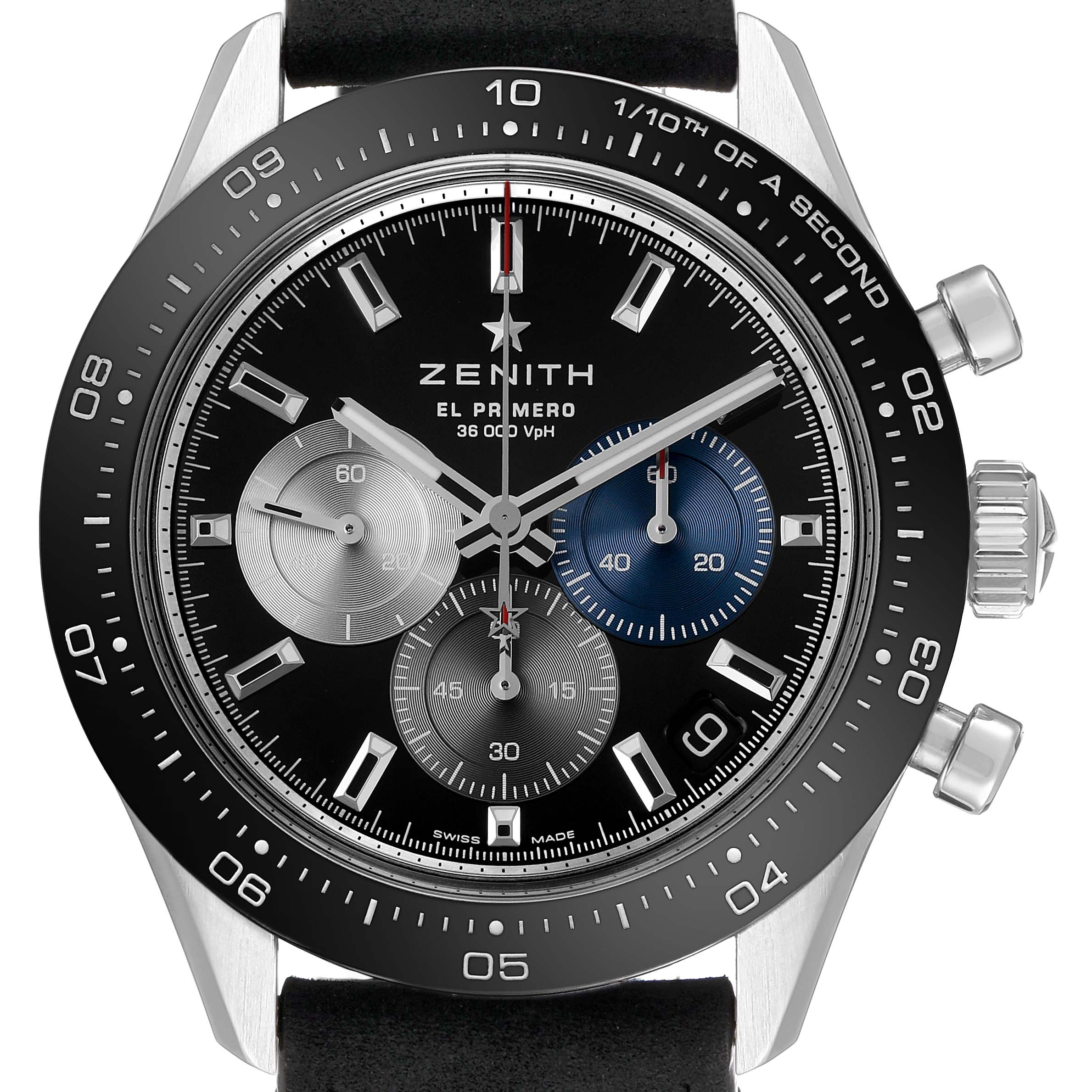 The Zenith Chronomaster 03.3100.3600 Men's Stainless Steel Black Dial watch is shown from a front angle displaying its face, subdials, bezel, and crown.