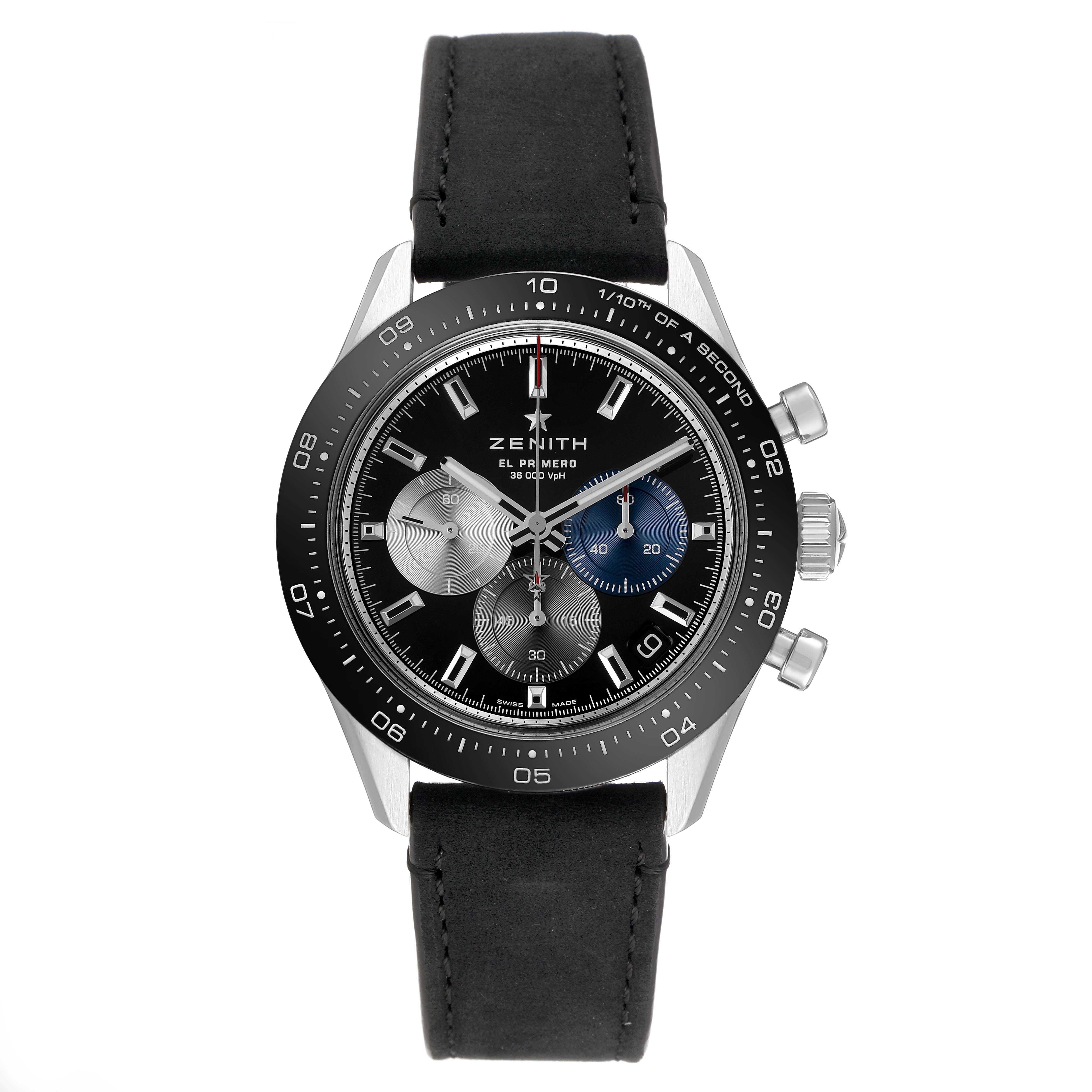 The Zenith Chronomaster 03.3100.3600 Men's Stainless Steel Black Dial watch is shown from the front, displaying its dial, bezel, and black leather strap.