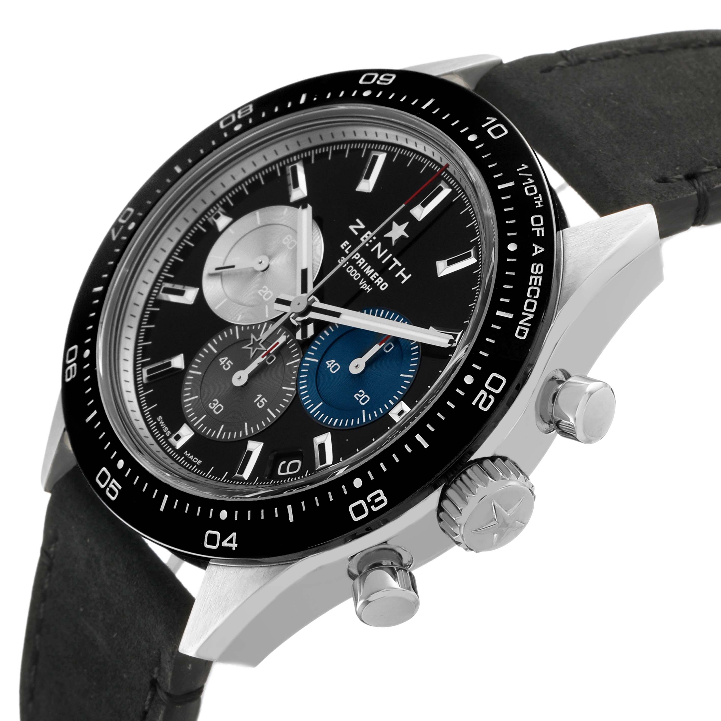 The Zenith Chronomaster 03.3100.3600 Men's Stainless Steel Black Dial watch is shown at a three-quarter angle, highlighting the dial, bezel, crown, and pushers.