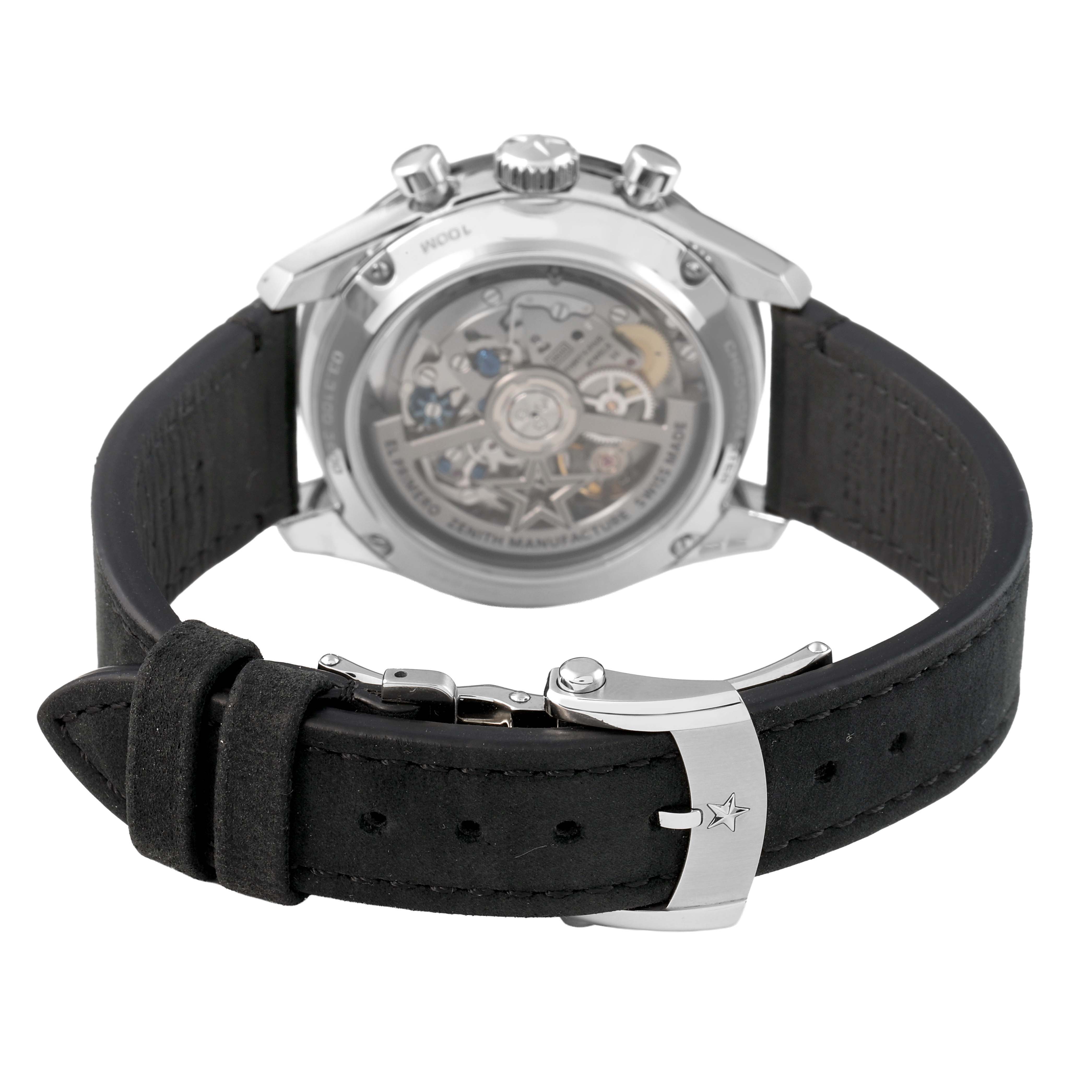 The image shows the back view of a Zenith Chronomaster 03.3100.3600 Men's Stainless Steel Black Dial watch, highlighting the open case back and leather strap.