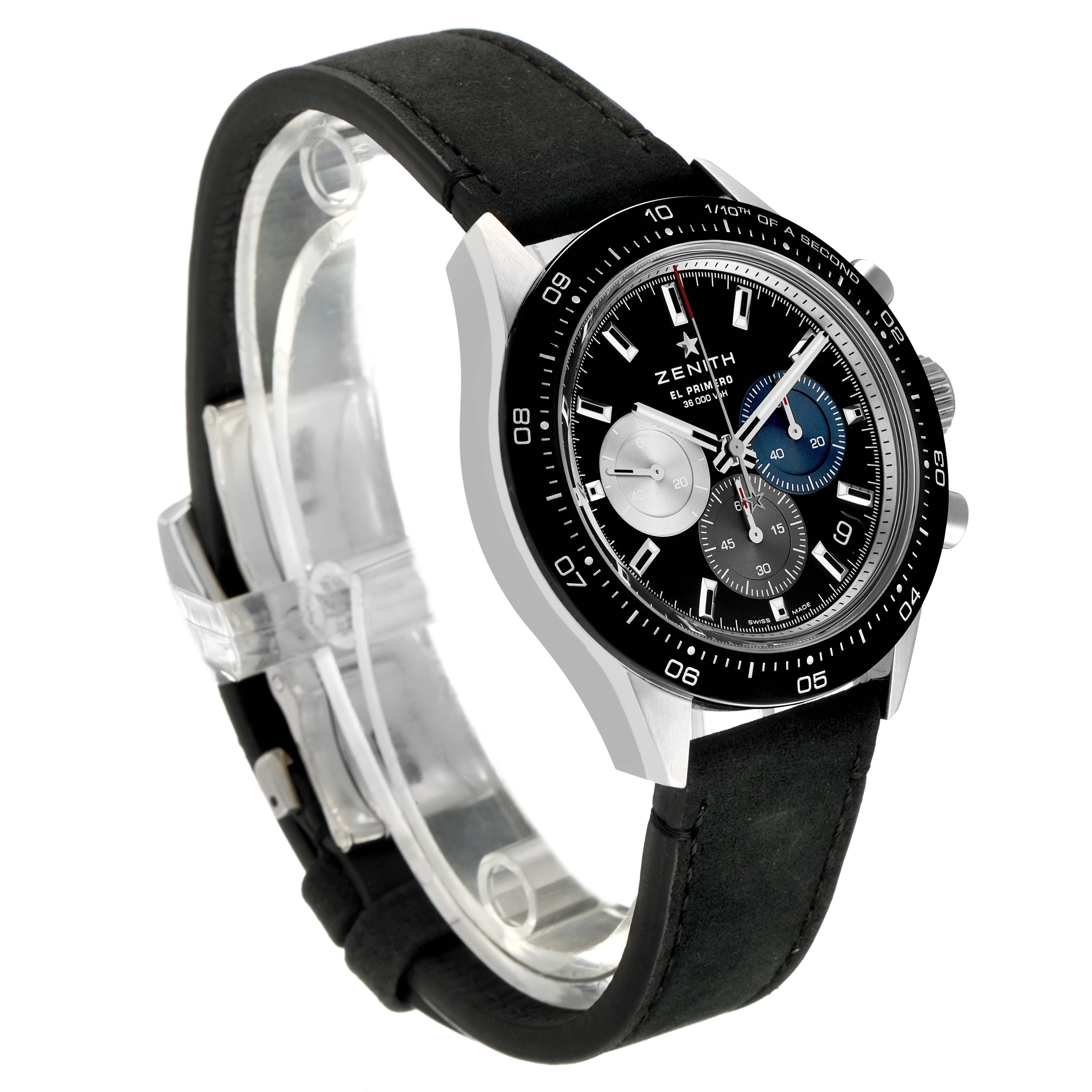 The Zenith Chronomaster 03.3100.3600 Men's Stainless Steel Black Dial is shown at a three-quarter angle, displaying the face, bezel, crown, and bracelet.