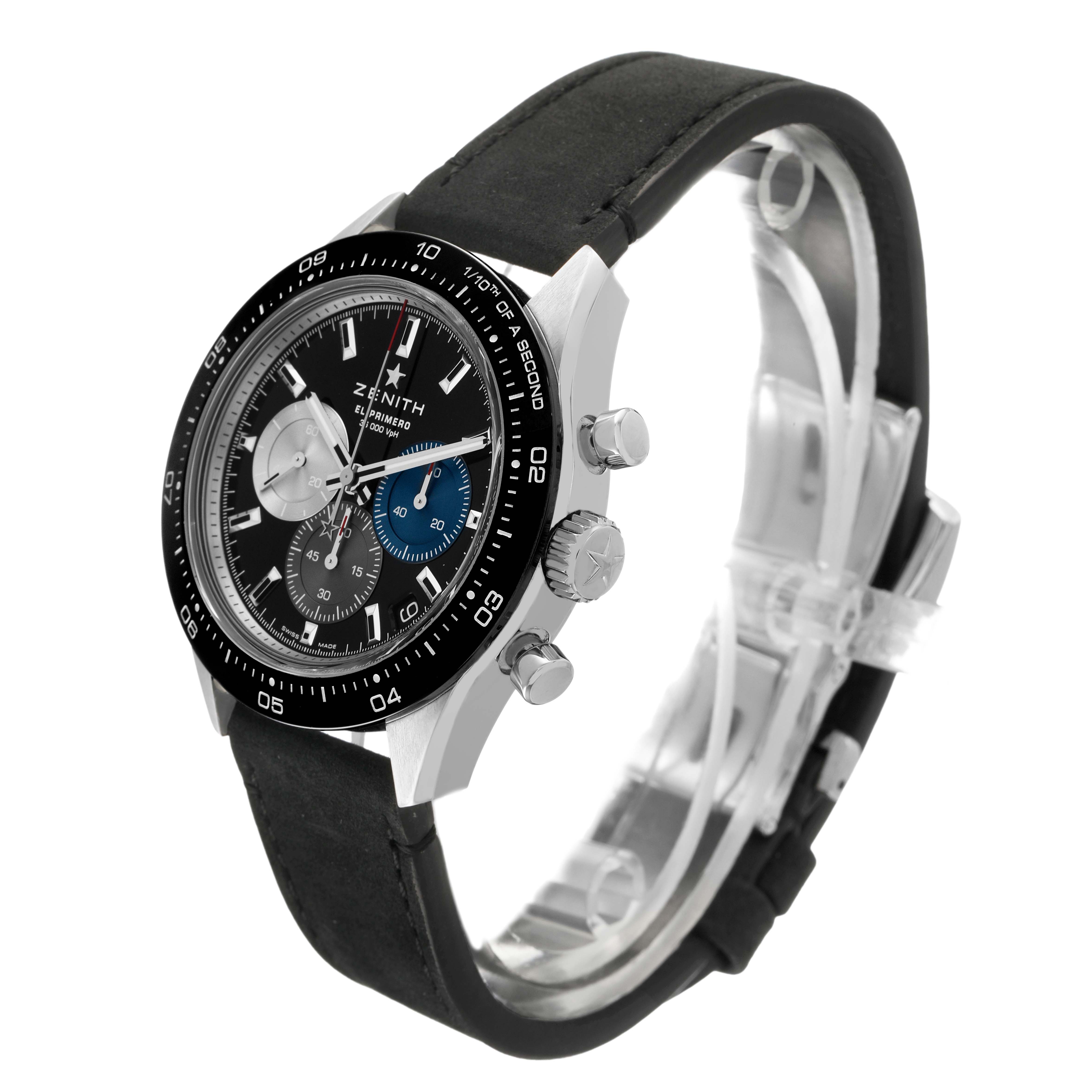 The Zenith Chronomaster 03.3100.3600 Men's Stainless Steel Black Dial watch is shown at a three-quarter angle, displaying the face, bezel, pushers, crown, and strap.
