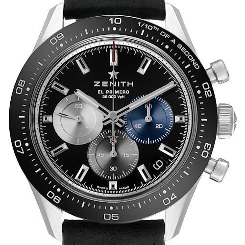 The Zenith Chronomaster 03.3100.3600 Men's Stainless Steel Black Dial watch is shown from the front, displaying its bezel, dial, subdials, and crown.