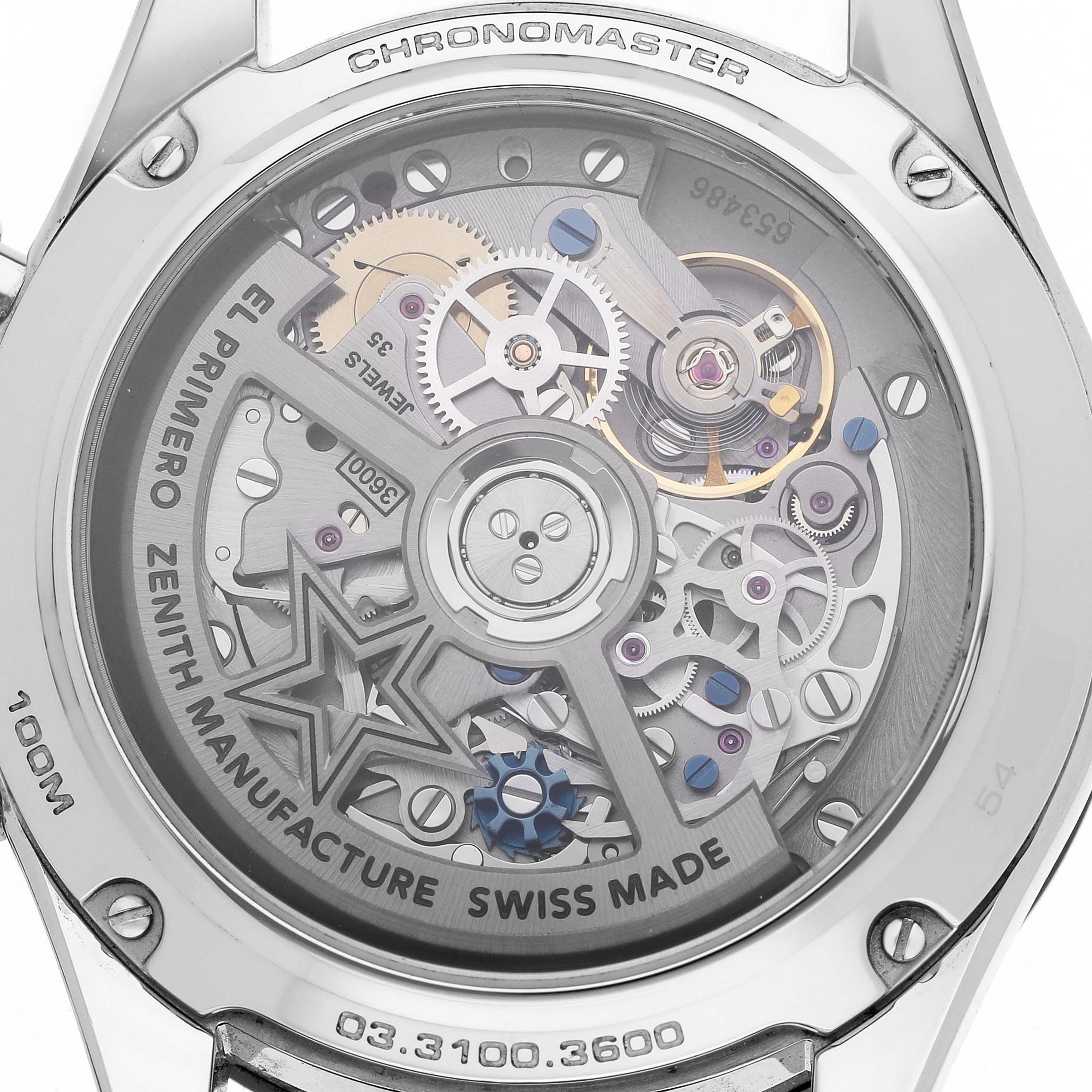 The image shows the back of a Zenith Chronomaster 03.3100.3600 Men's Stainless Steel Black Dial model, highlighting the intricate movement and mechanical parts.