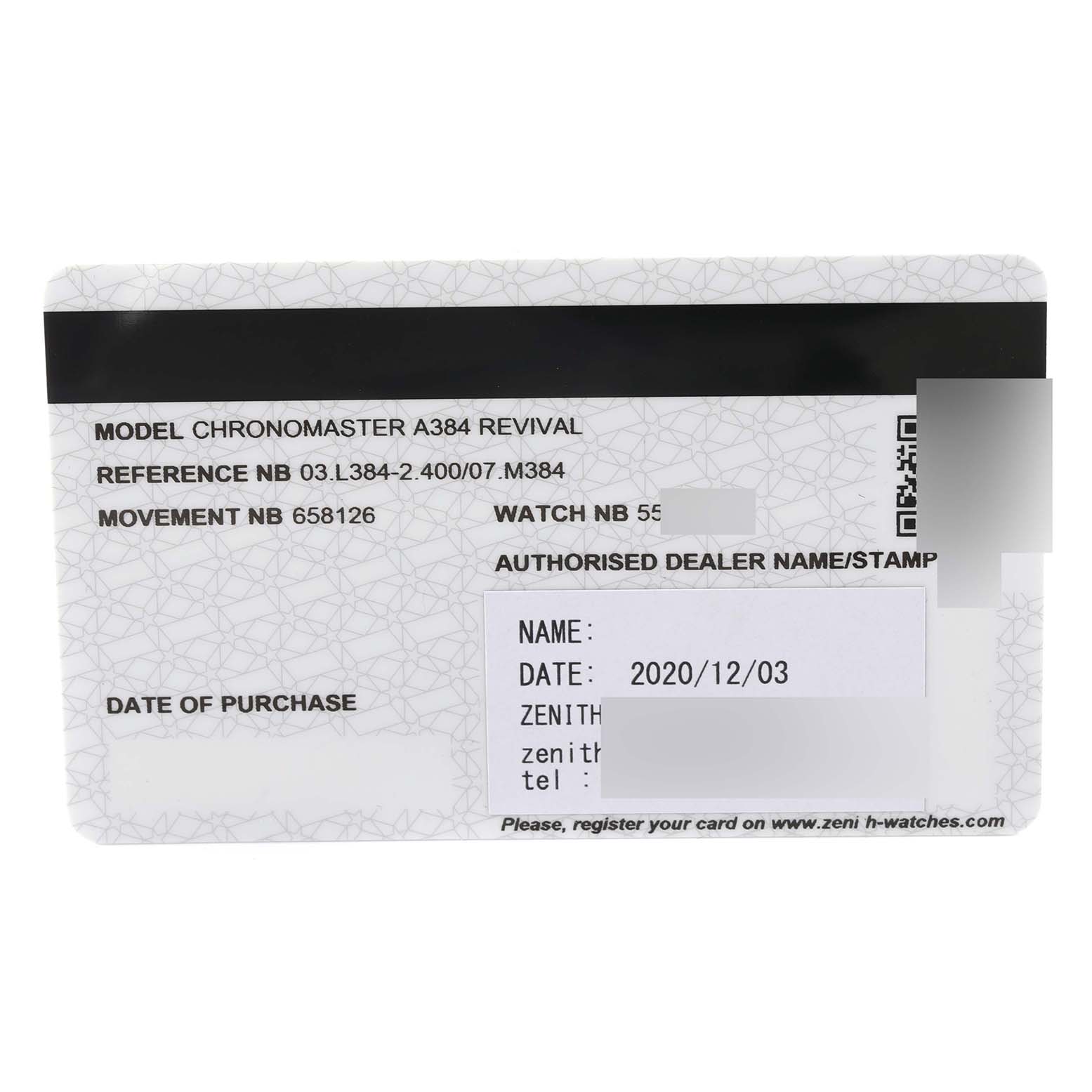 The image shows a warranty card for the Zenith El Primero 03.L384-2.400/07.M384 Men's Stainless Steel White Dial 03.L384-2.400/07.M384 Men's Stainless Steel White Dial Chronomaster A384 Revival watch, captured from the front.