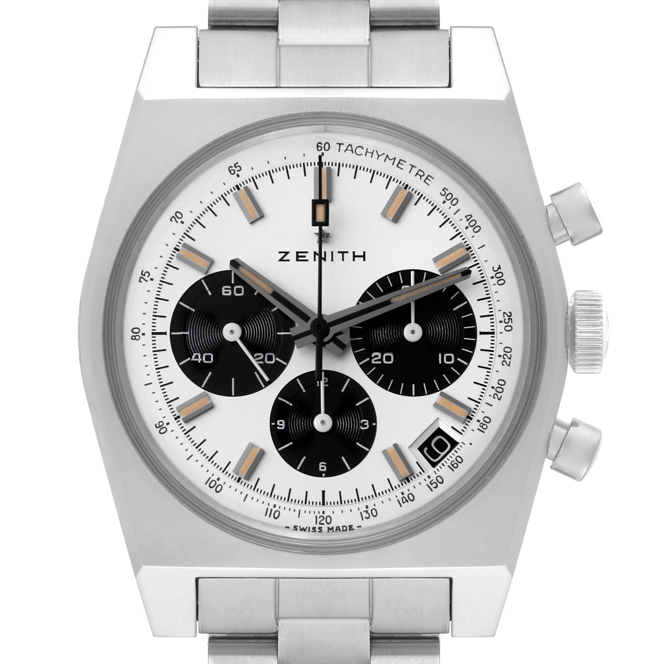 This image shows the Zenith El Primero 03.L384-2.400/07.M384 Men's Stainless Steel White Dial 03.L384-2.400/07.M384 Men's Stainless Steel White Dial watch from a front angle, highlighting its dial, sub-dials, and bracelet.