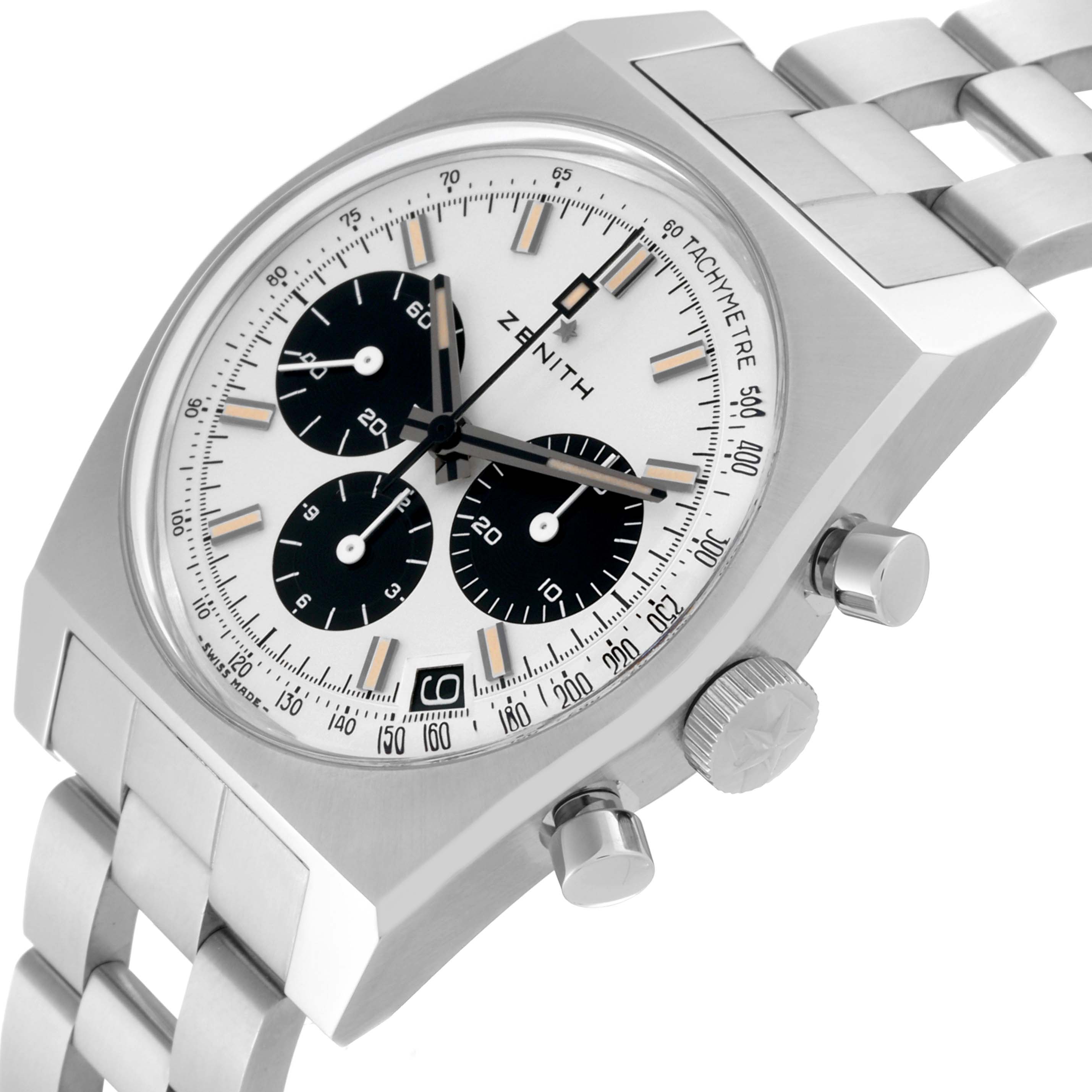 The image displays a close-up angle of a Zenith El Primero 03.L384-2.400/07.M384 Men's Stainless Steel White Dial 03.L384-2.400/07.M384 Men's Stainless Steel White Dial watch, showing its dial, tachymeter, chronograph subdials, and stainless steel bracelet.