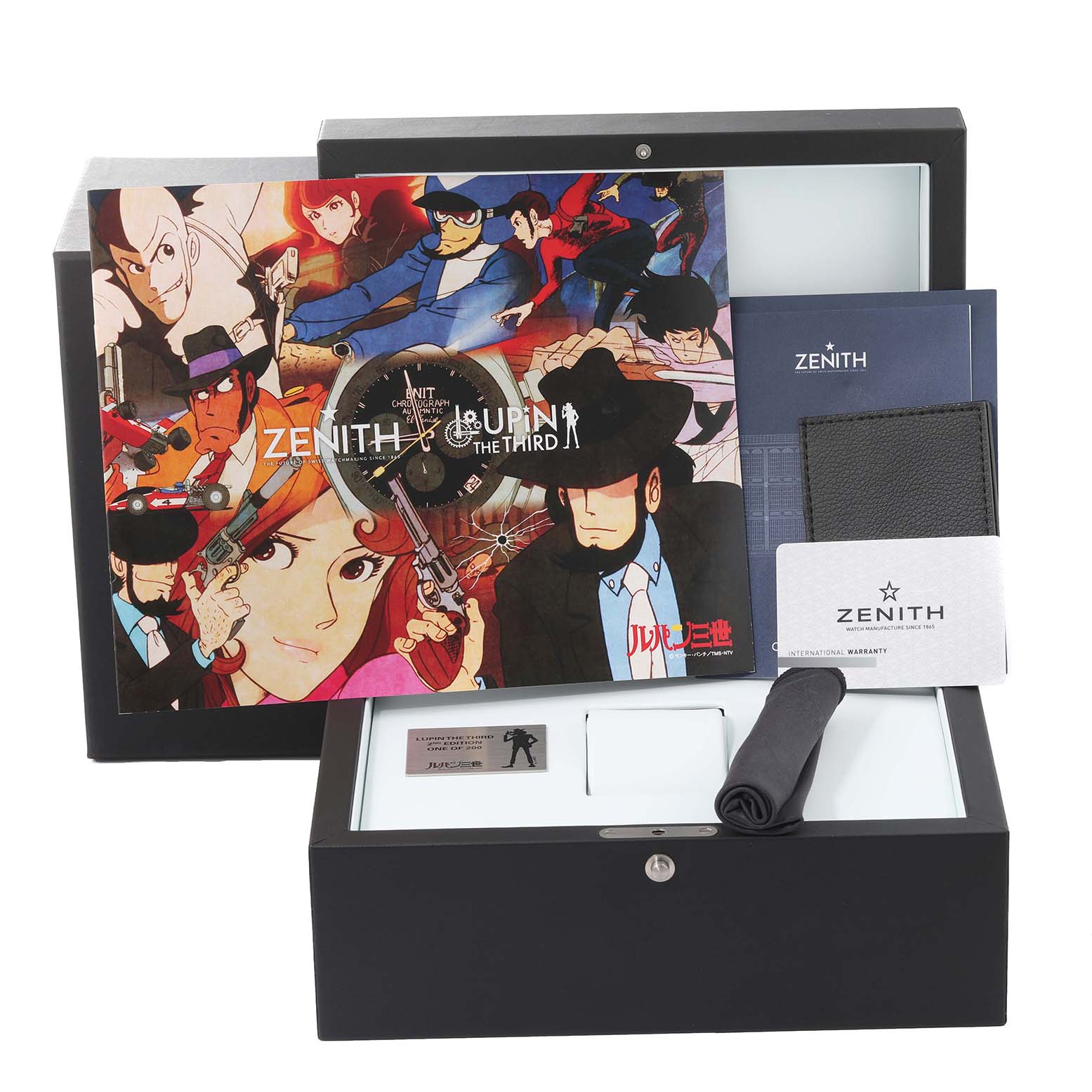 The image shows an open box with Zenith El Primero 03.L384-2.400/07.M384 Men's Stainless Steel White Dial 03.L384-2.400/07.M384 Men's Stainless Steel White Dial watch accessories, featuring a Lupin the Third theme.