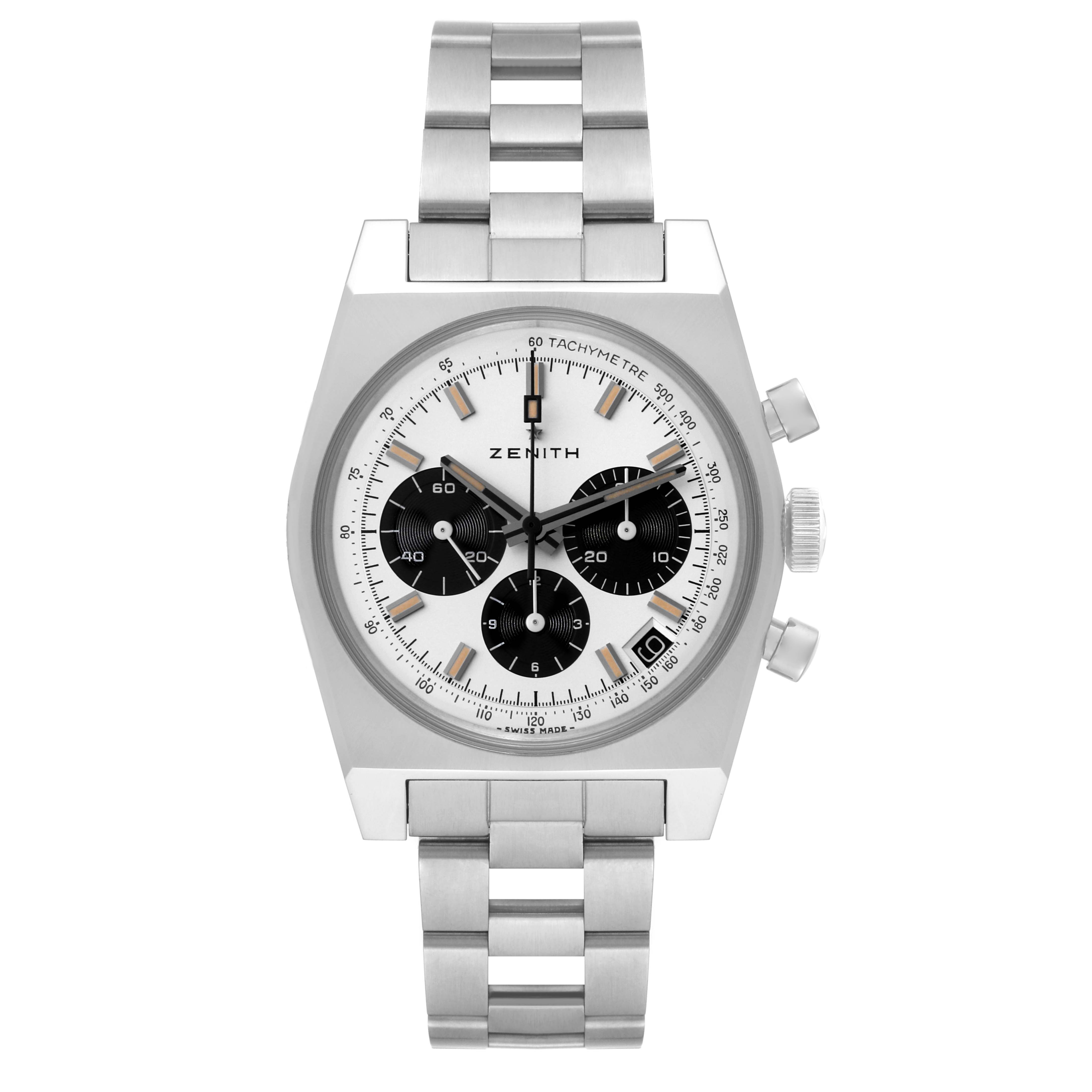 The image shows a Zenith El Primero 03.L384-2.400/07.M384 Men's Stainless Steel White Dial 03.L384-2.400/07.M384 Men's Stainless Steel White Dial watch from the front, displaying the dial, subdials, and stainless steel bracelet.