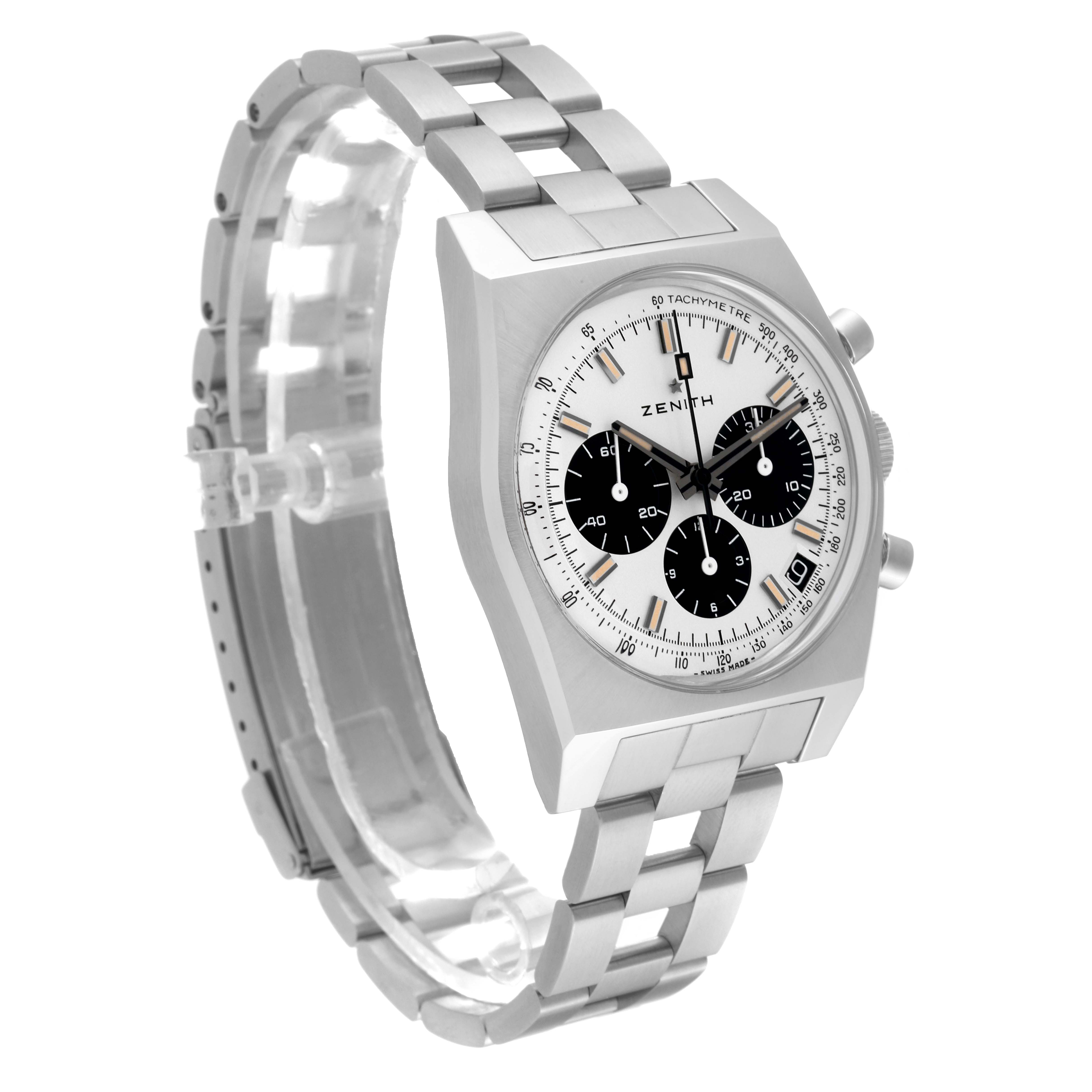 The Zenith El Primero 03.L384-2.400/07.M384 Men's Stainless Steel White Dial 03.L384-2.400/07.M384 Men's Stainless Steel White Dial watch is shown at a slight angle, displaying the case, dial, and partially open bracelet.