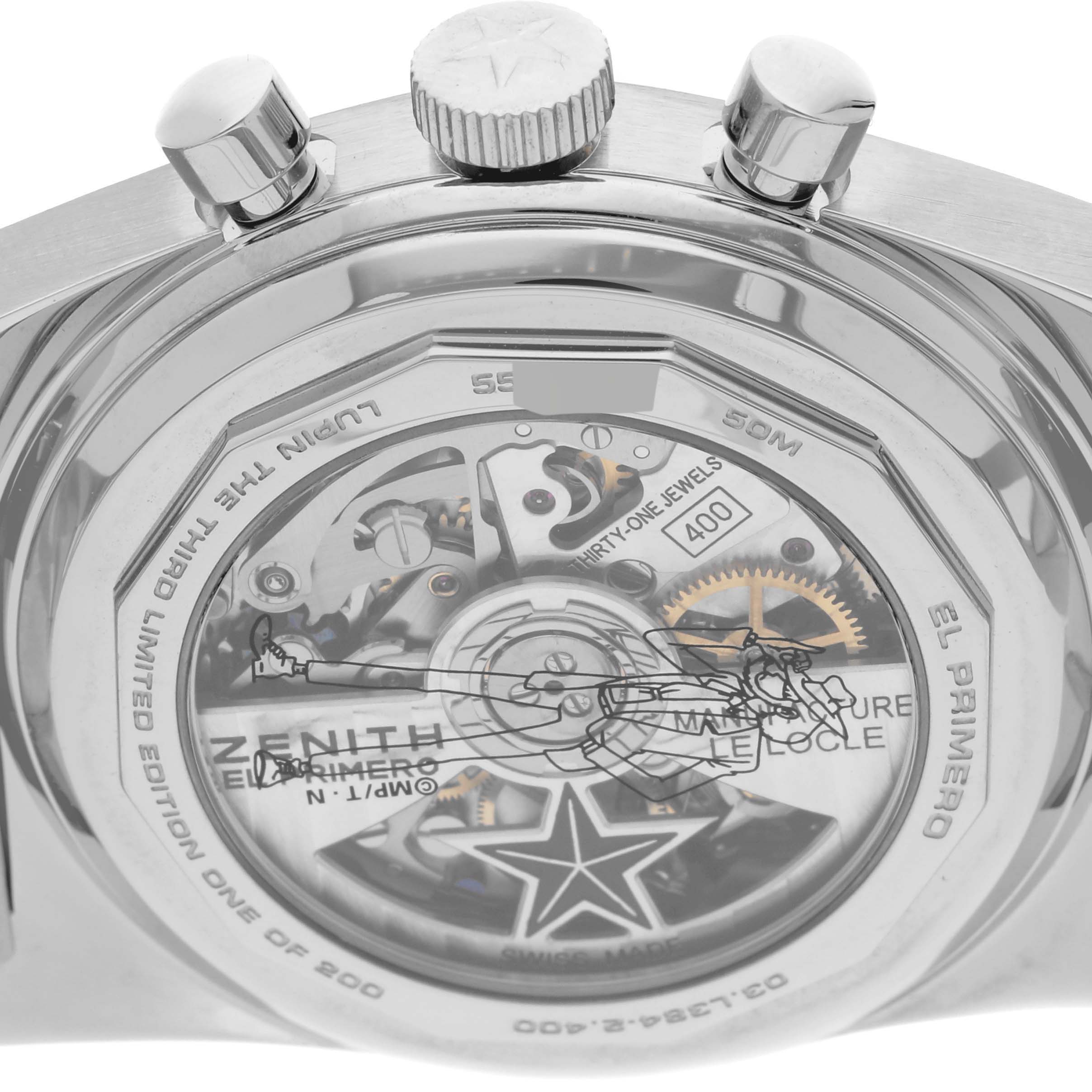The image shows the back view of the Zenith El Primero 03.L384-2.400/07.M384 Men's Stainless Steel White Dial 03.L384-2.400/07.M384 Men's Stainless Steel White Dial watch, highlighting its movement and internal mechanisms.