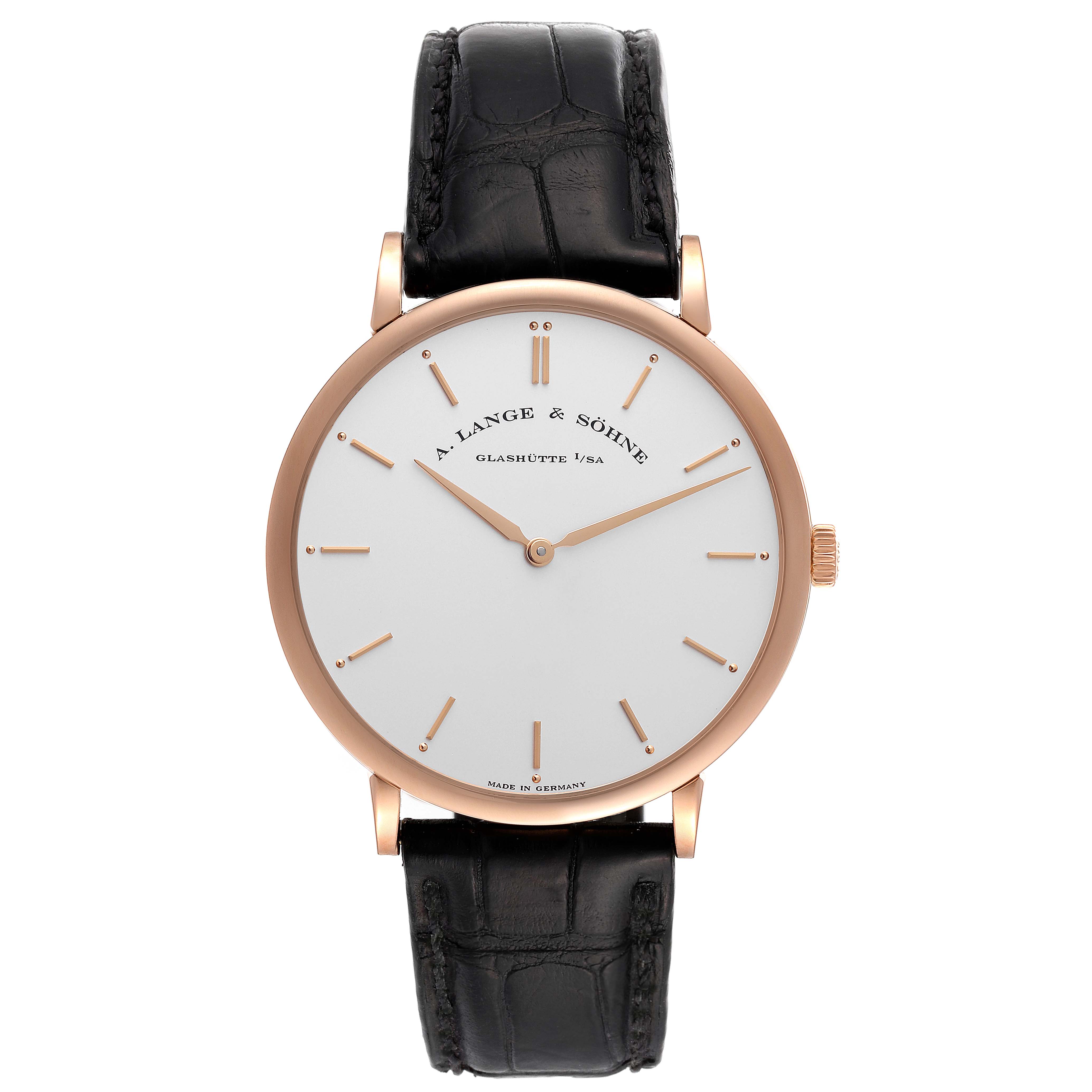The image shows a front view of the A. Lange & Sohne Saxonia 211.032 Men's Rose Gold Silver Dial watch, highlighting the dial, hands, and leather strap.