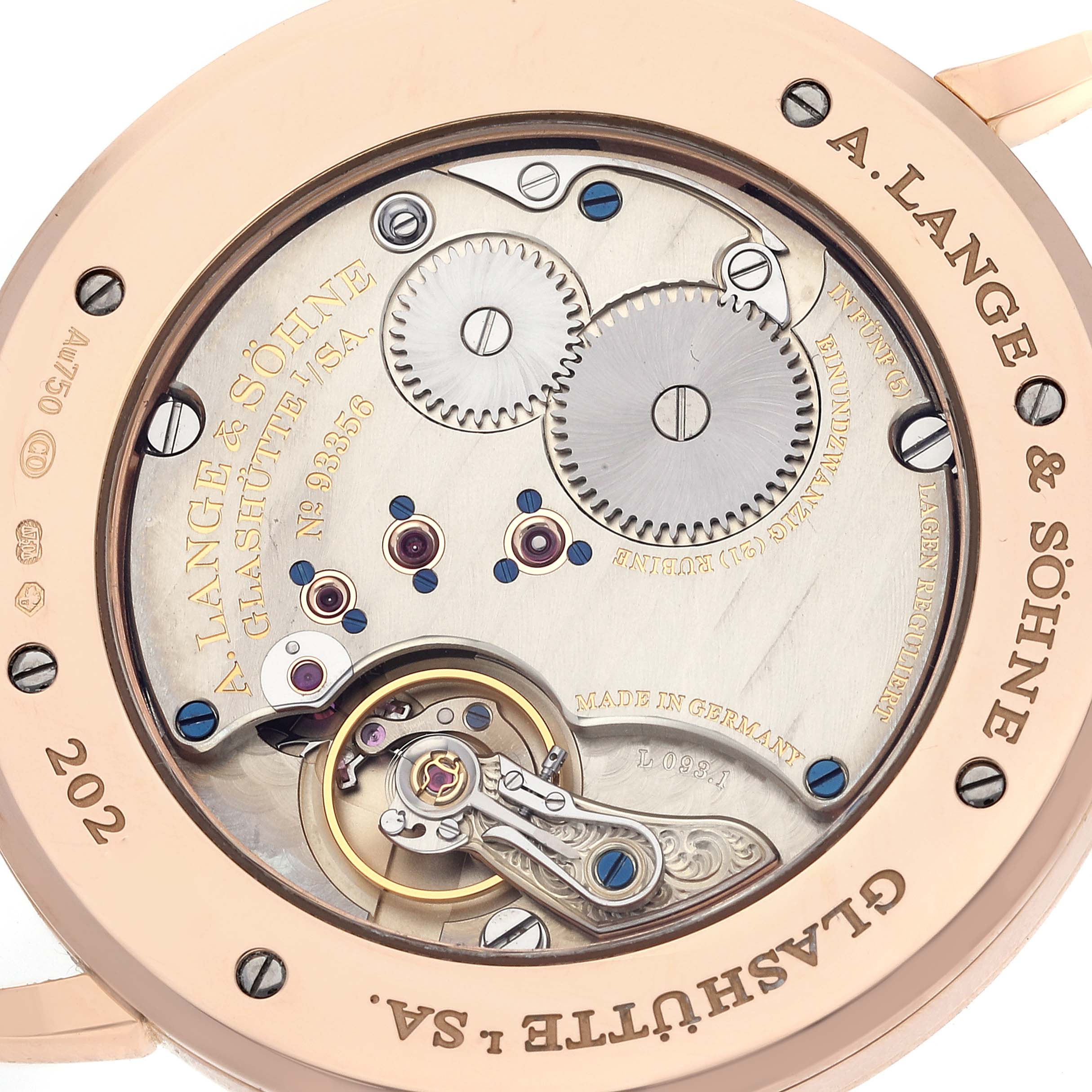 This image shows the intricate back movement and mechanical parts of a Saxonia model by A. Lange & Söhne at a close-up angle.